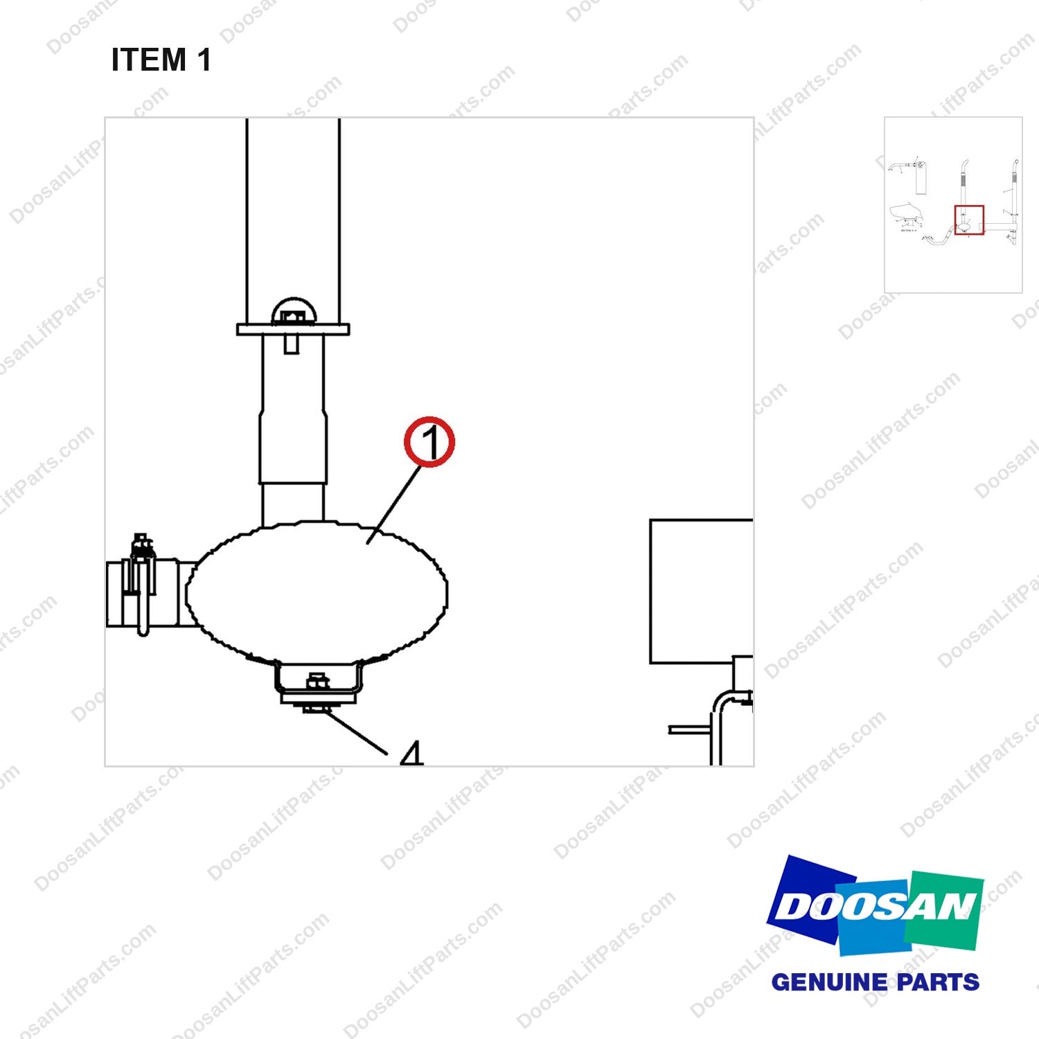 A298152 MUFFLER GP - parts diagram, item 1 shown - genuine Doosan / Bobcat forklift part