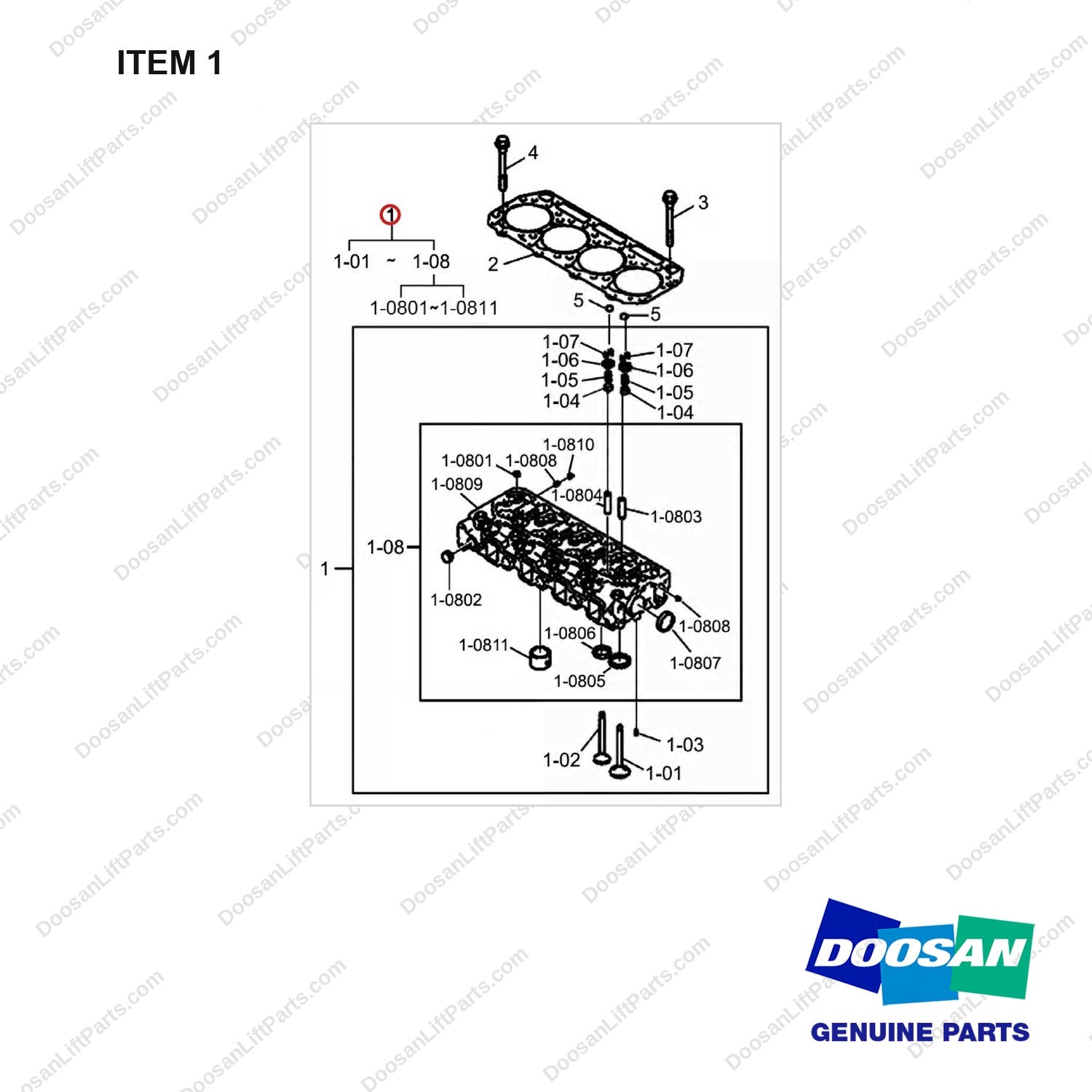 A323053 Cylinder Head - full parts diagram, item 1 marked - genuine Doosan / Bobcat forklift part