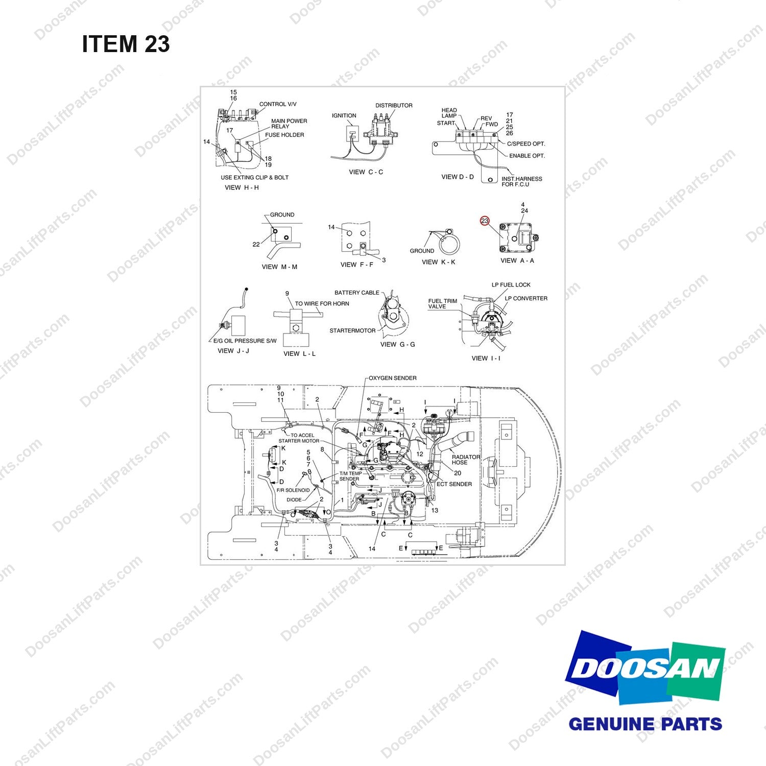 A331398 WIRING GP - (LP, G430E) - full parts diagram, item 23 marked - genuine Doosan / Bobcat forklift part