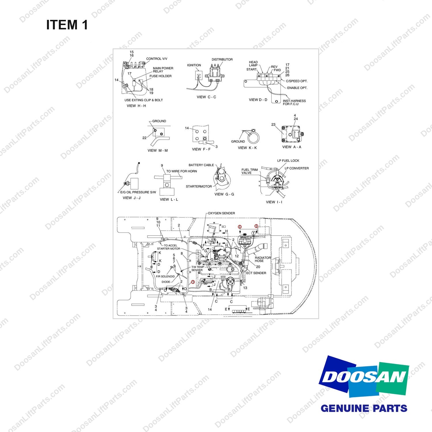 A334109 WIRING GP - (LP, G430E) - full parts diagram, item 1 marked - genuine Doosan / Bobcat forklift part