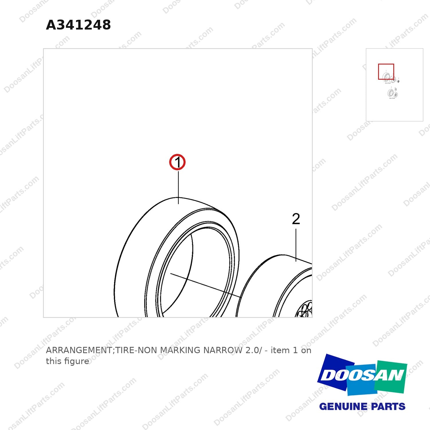 A341248 ARRANGEMENT;TIRE-NON MARKING NARROW 2.0/ - parts diagram, item 1 shown - genuine Doosan / Bobcat forklift part