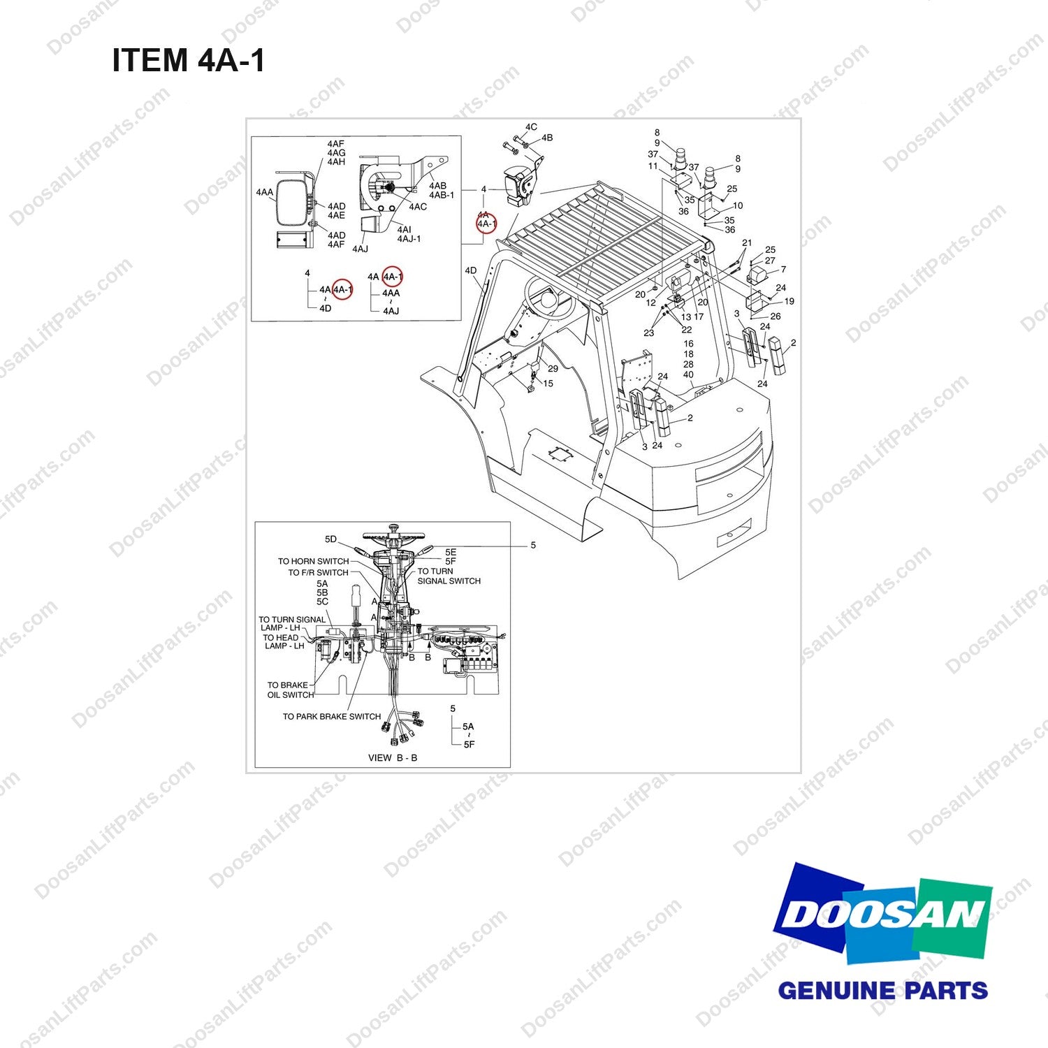 A351474 LIGHT GP - full parts diagram, item 4A-1 marked - genuine Doosan / Bobcat forklift part
