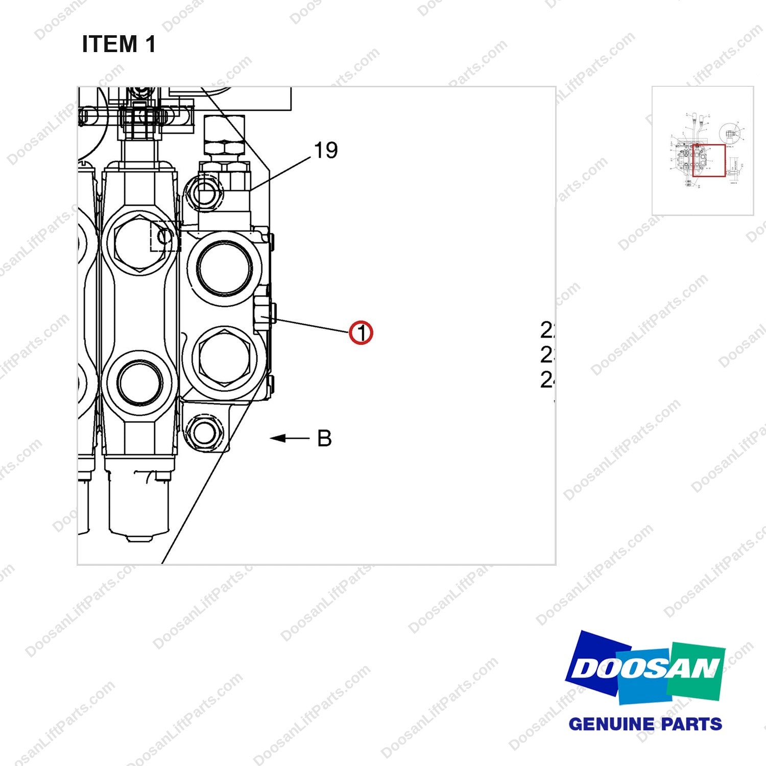 A355001 CONTROL VALVE GP - (FOR 210 BAR 3/2) - parts diagram, item 1 shown - genuine Doosan / Bobcat forklift part