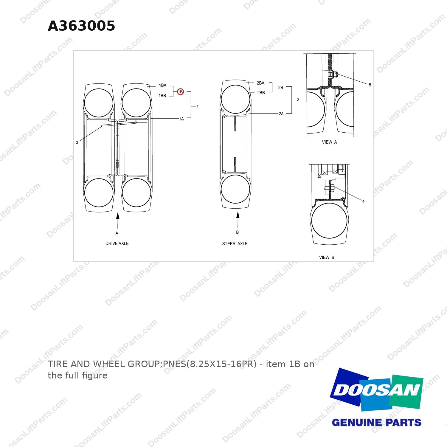 A363005 TIRE AND WHEEL GROUP;PNES(8.25X15-16PR) - full parts diagram, item 1B marked - genuine Doosan / Bobcat forklift part