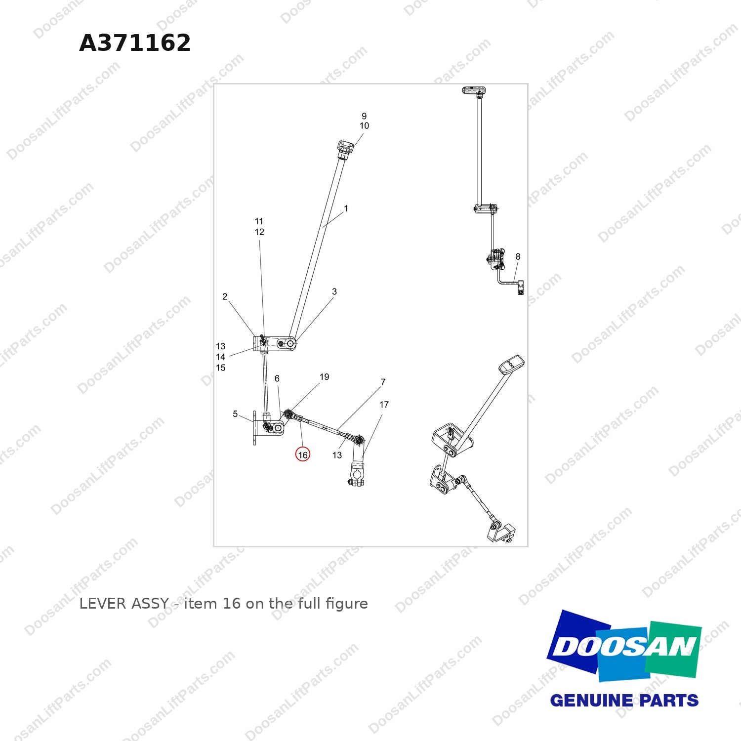 A371162 LEVER ASSY - full parts diagram, item 16 marked - genuine Doosan / Bobcat forklift part