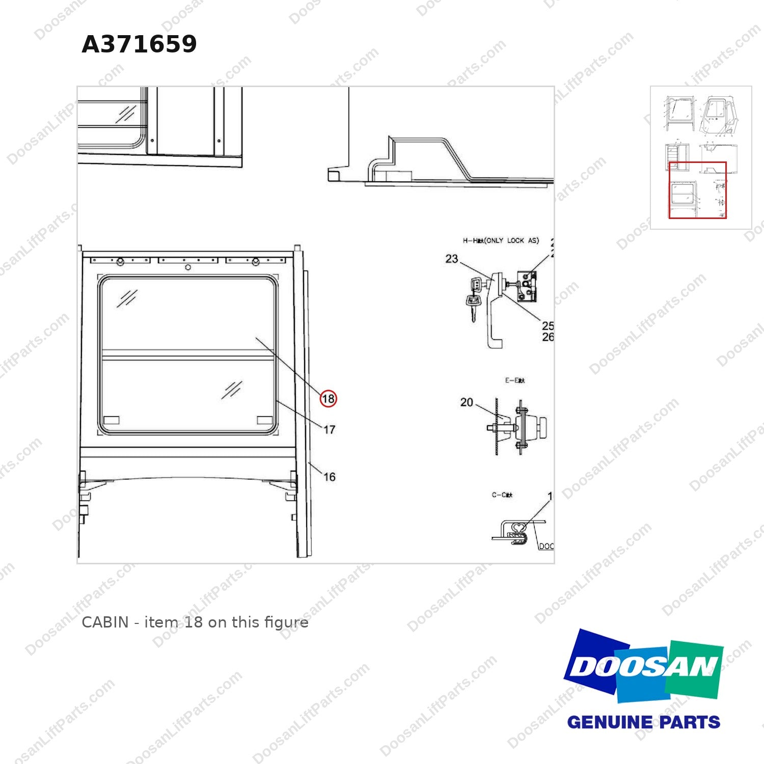 A371659 CABIN - parts diagram, item 18 shown - genuine Doosan / Bobcat forklift part