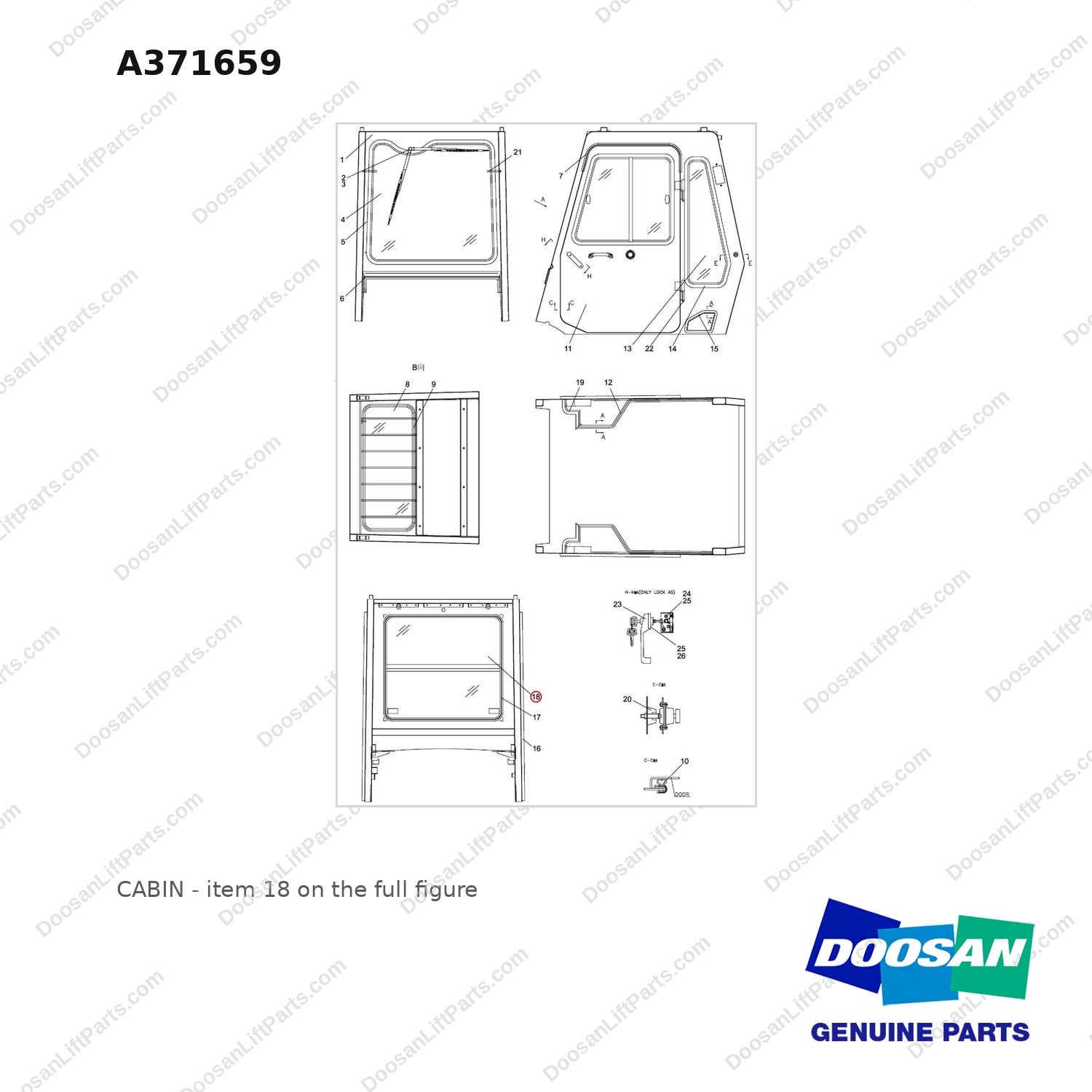 A371659 CABIN - full parts diagram, item 18 marked - genuine Doosan / Bobcat forklift part