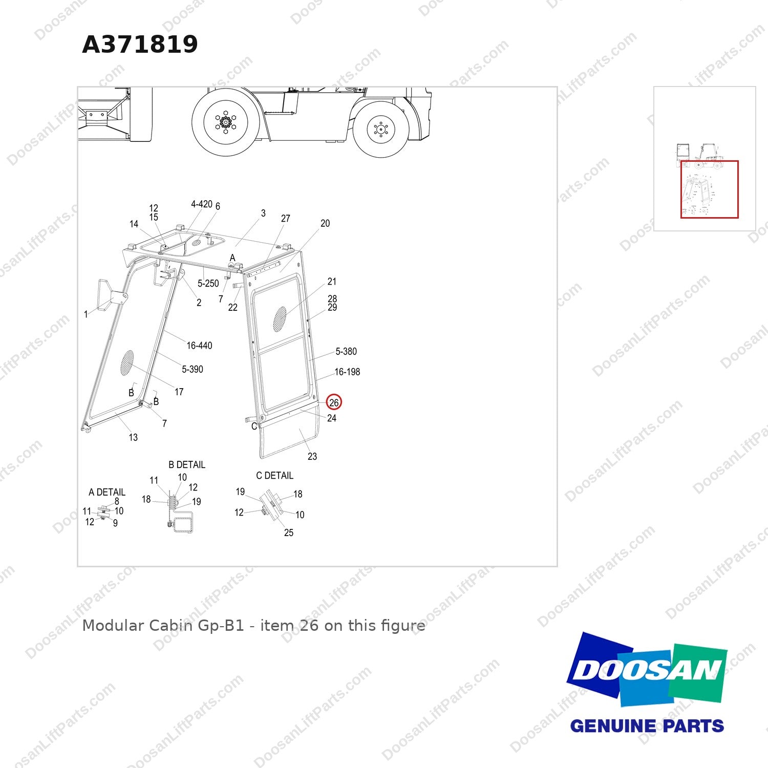 A371819 Modular Cabin Gp-B1 - parts diagram, item 26 shown - genuine Doosan / Bobcat forklift part