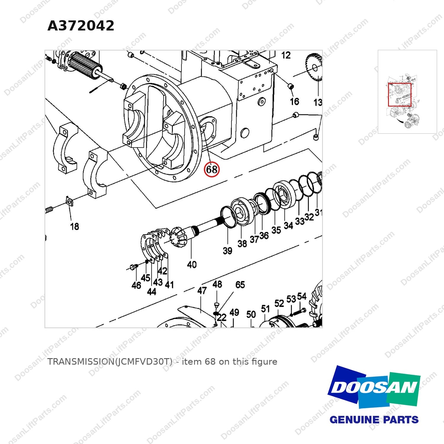 A372042 TRANSMISSION(JCMFVD30T) - parts diagram, item 68 shown - genuine Doosan / Bobcat forklift part