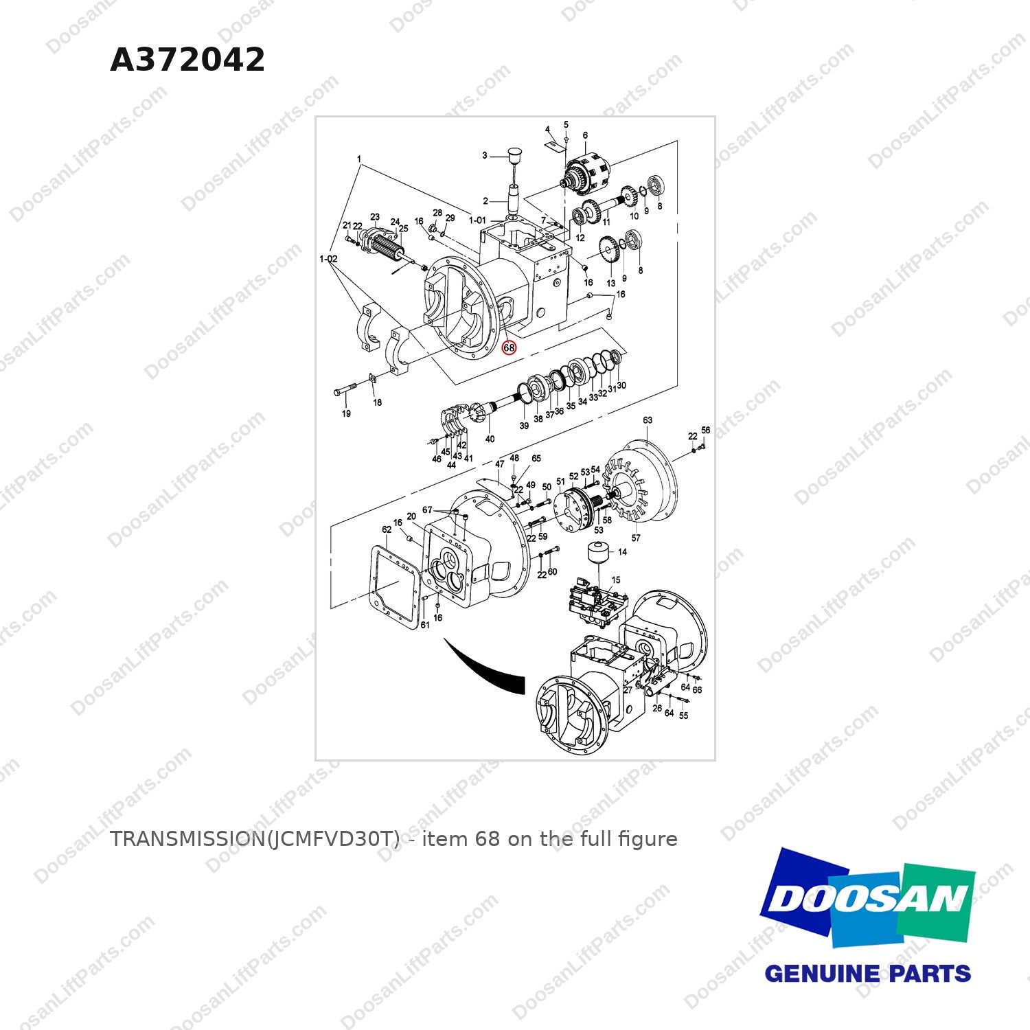 A372042 TRANSMISSION(JCMFVD30T) - full parts diagram, item 68 marked - genuine Doosan / Bobcat forklift part