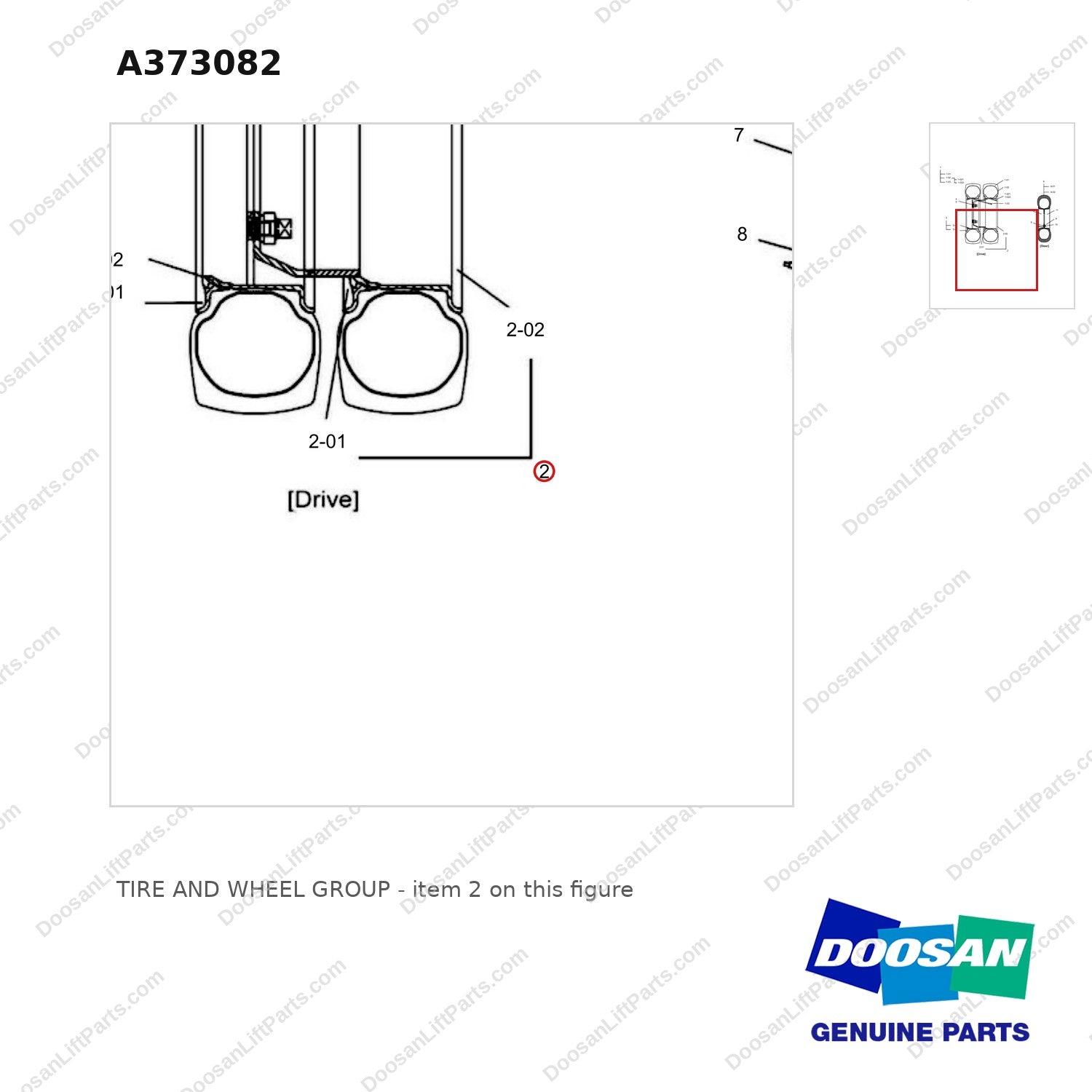 A373082 TIRE AND WHEEL GROUP - parts diagram, item 2 shown - genuine Doosan / Bobcat forklift part