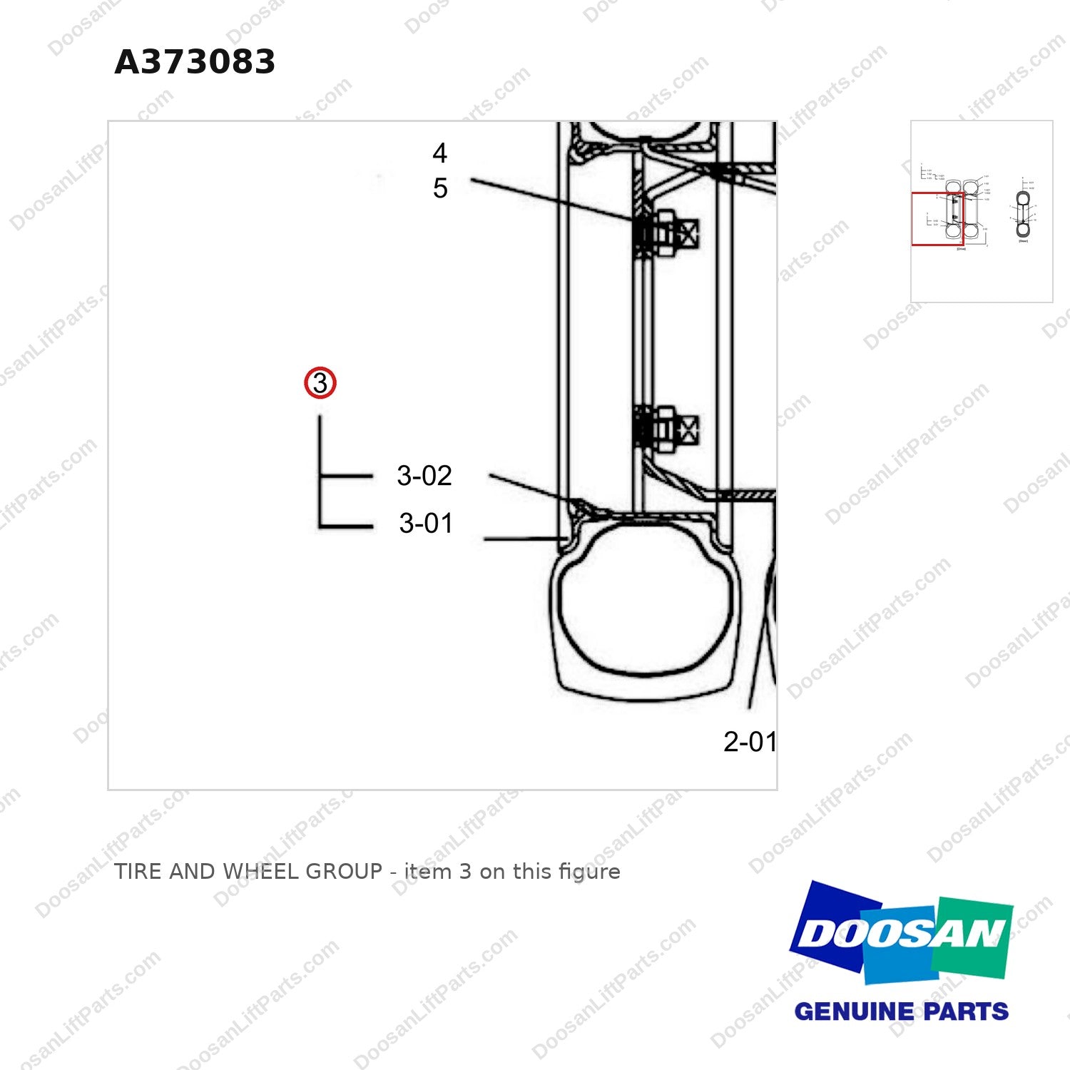 A373083 TIRE AND WHEEL GROUP - parts diagram, item 3 shown - genuine Doosan / Bobcat forklift part