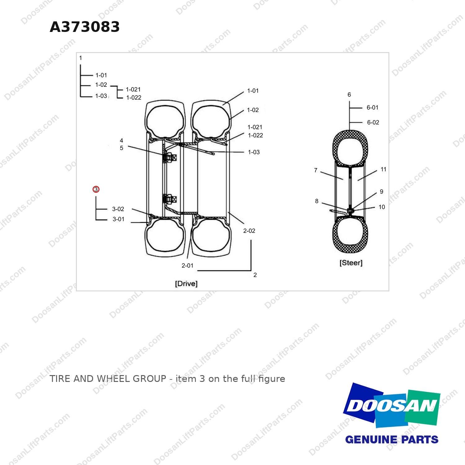 A373083 TIRE AND WHEEL GROUP - full parts diagram, item 3 marked - genuine Doosan / Bobcat forklift part