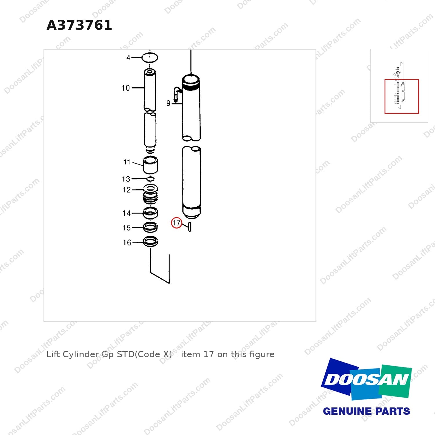 A373761 Lift Cylinder Gp-STD(Code X) - parts diagram, item 17 shown - genuine Doosan / Bobcat forklift part