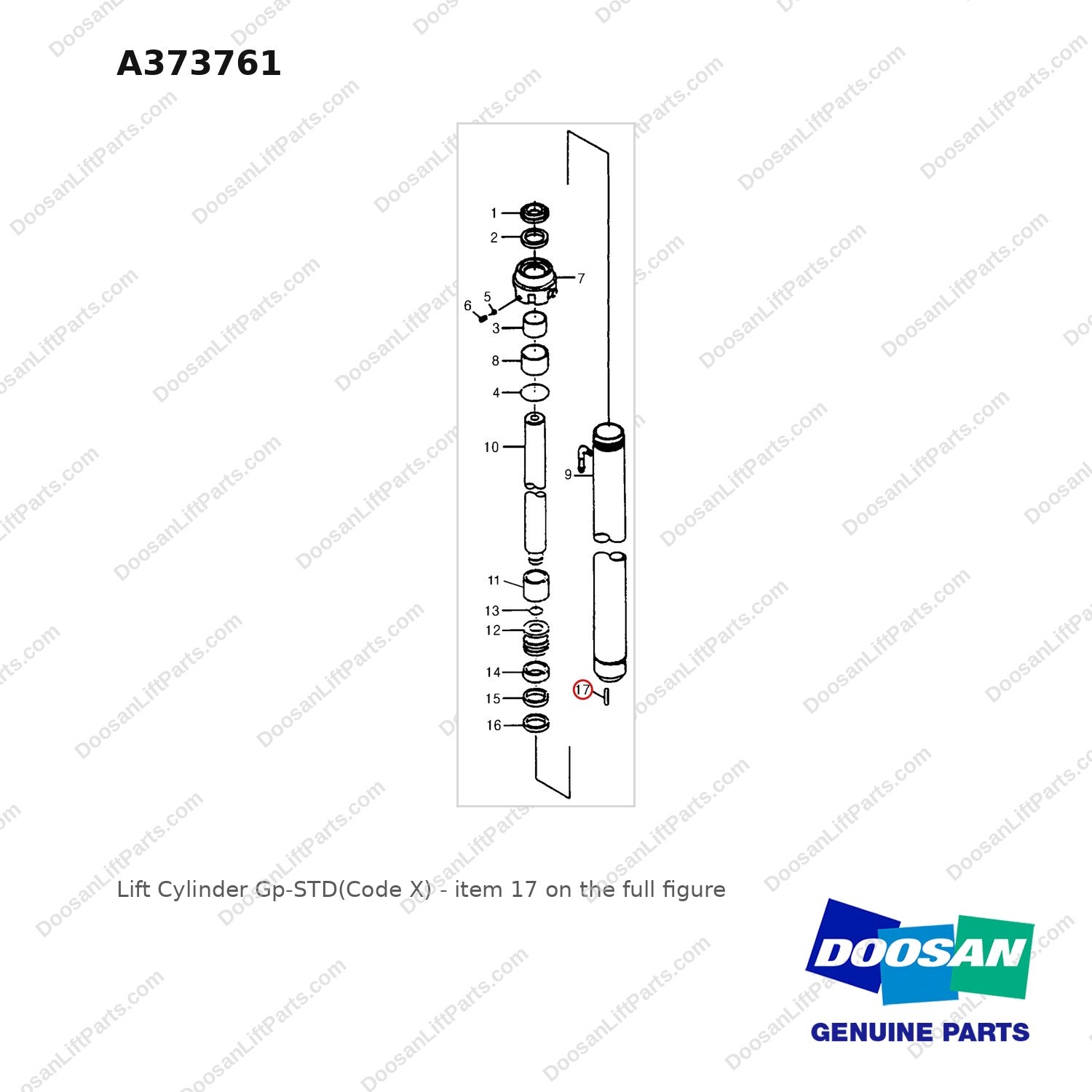 A373761 Lift Cylinder Gp-STD(Code X) - full parts diagram, item 17 marked - genuine Doosan / Bobcat forklift part