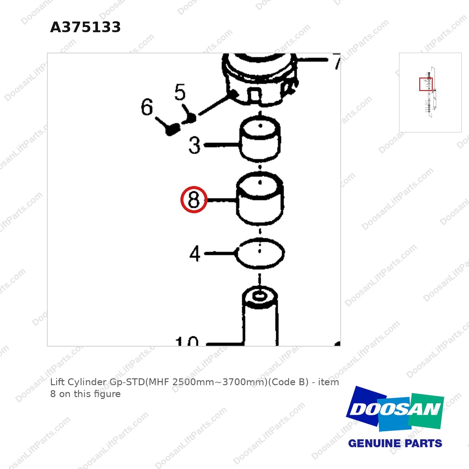 A375133 Lift Cylinder Gp-STD(MHF 2500mm~3700mm)(Code B) - parts diagram, item 8 shown - genuine Doosan / Bobcat forklift part