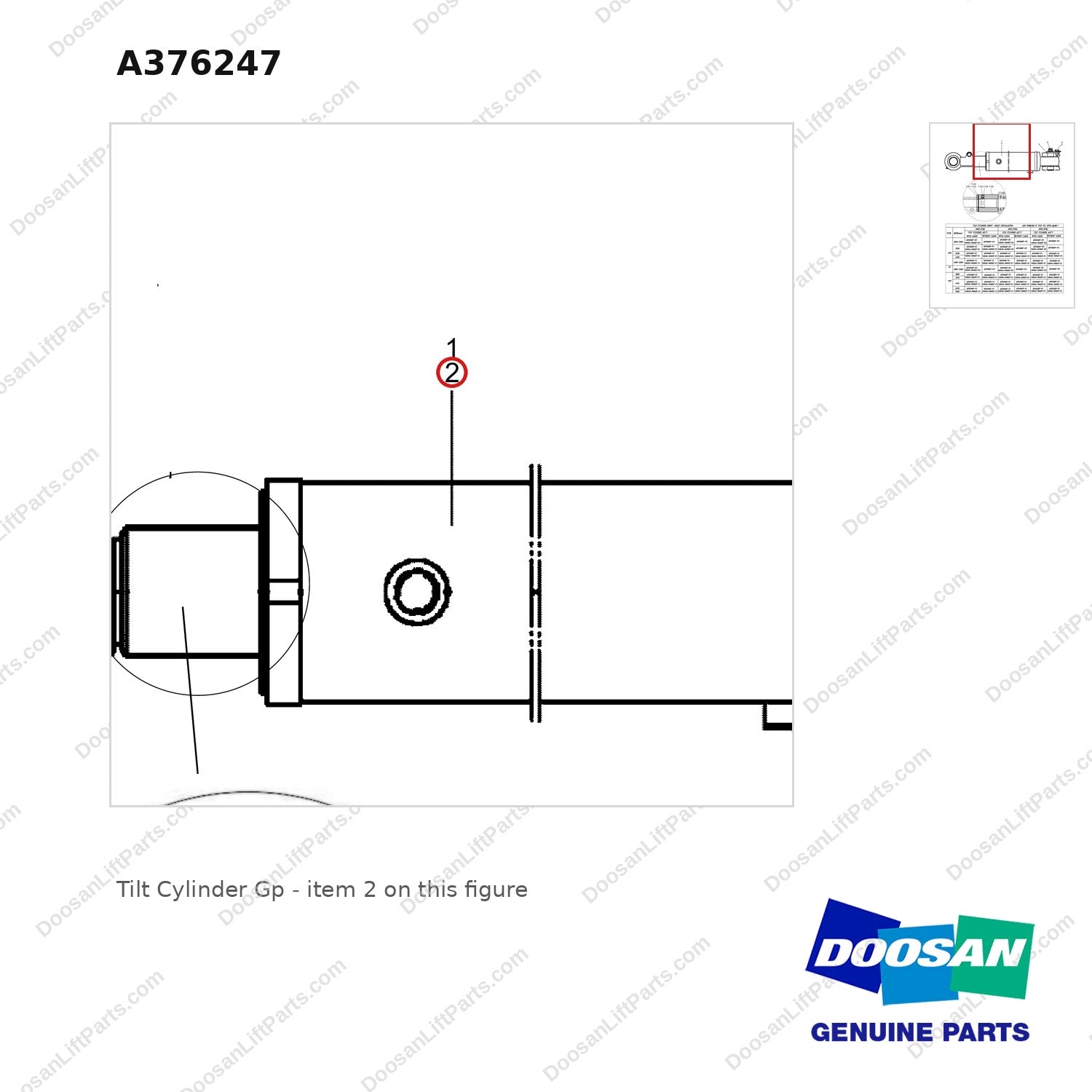 A376247 Tilt Cylinder Gp - parts diagram, item 2 shown - genuine Doosan / Bobcat forklift part