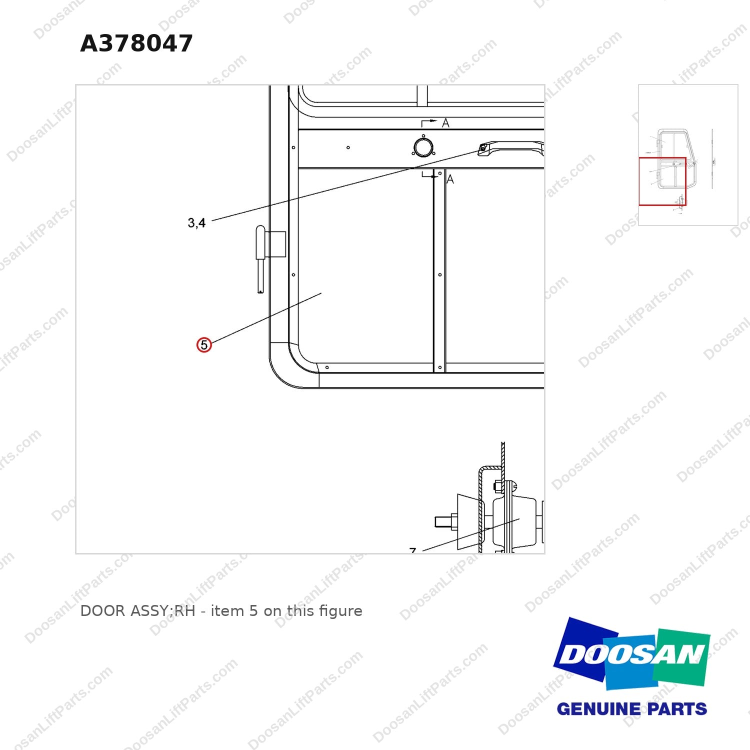 A378047 DOOR ASSY;RH - parts diagram, item 5 shown - genuine Doosan / Bobcat forklift part