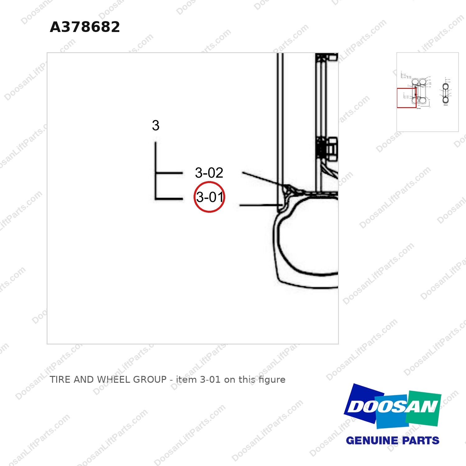A378682 TIRE AND WHEEL GROUP - parts diagram, item 3-01 shown - genuine Doosan / Bobcat forklift part
