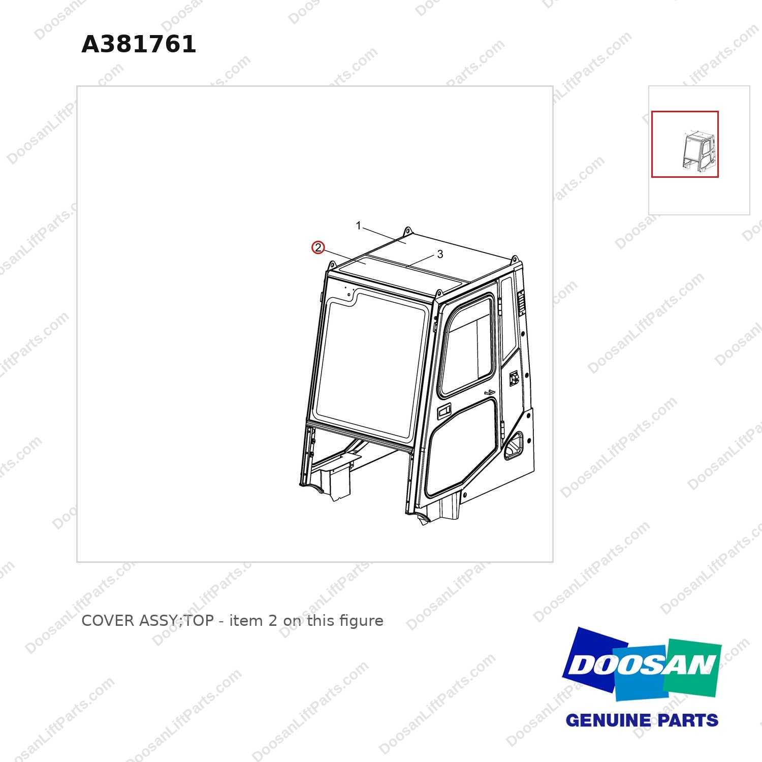 A381761 COVER ASSY;TOP - parts diagram, item 2 shown - genuine Doosan / Bobcat forklift part
