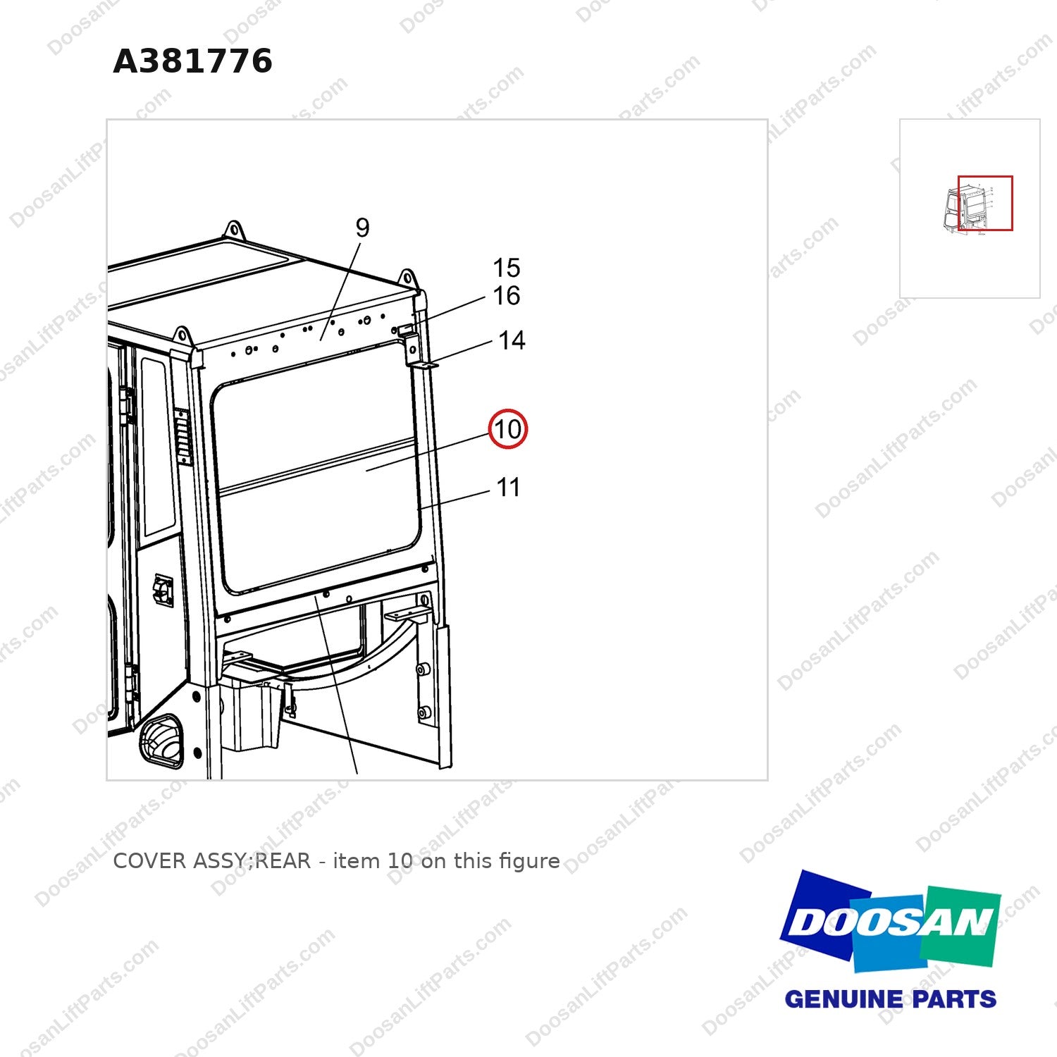 A381776 COVER ASSY;REAR - parts diagram, item 10 shown - genuine Doosan / Bobcat forklift part