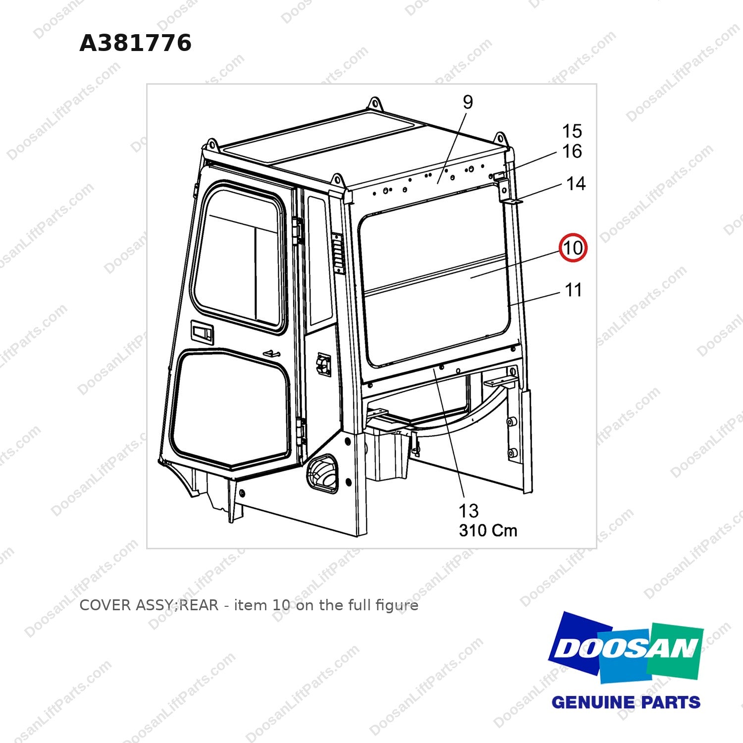 A381776 COVER ASSY;REAR - full parts diagram, item 10 marked - genuine Doosan / Bobcat forklift part