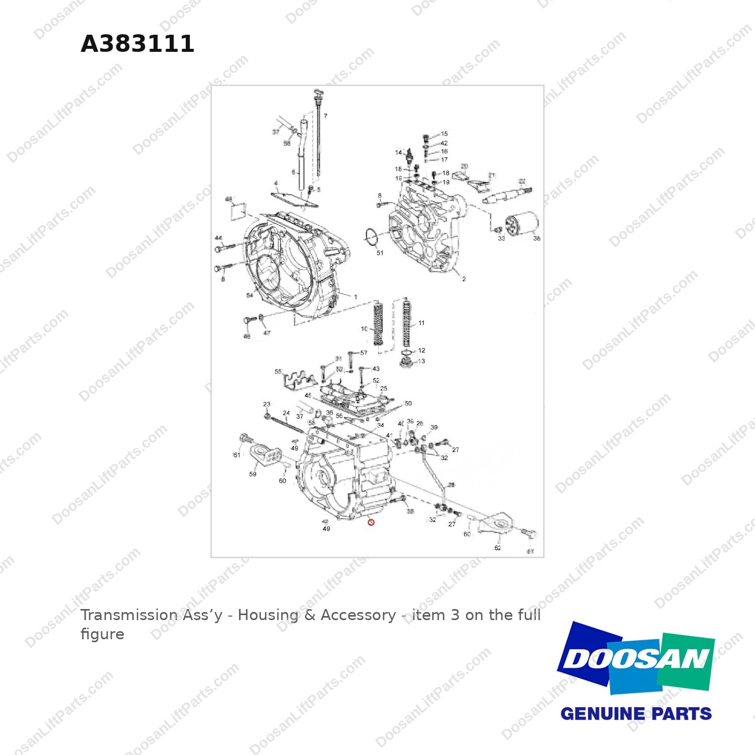 A383111 Transmission Ass'y - Housing & Accessory - full parts diagram, item 3 marked - genuine Doosan / Bobcat forklift part
