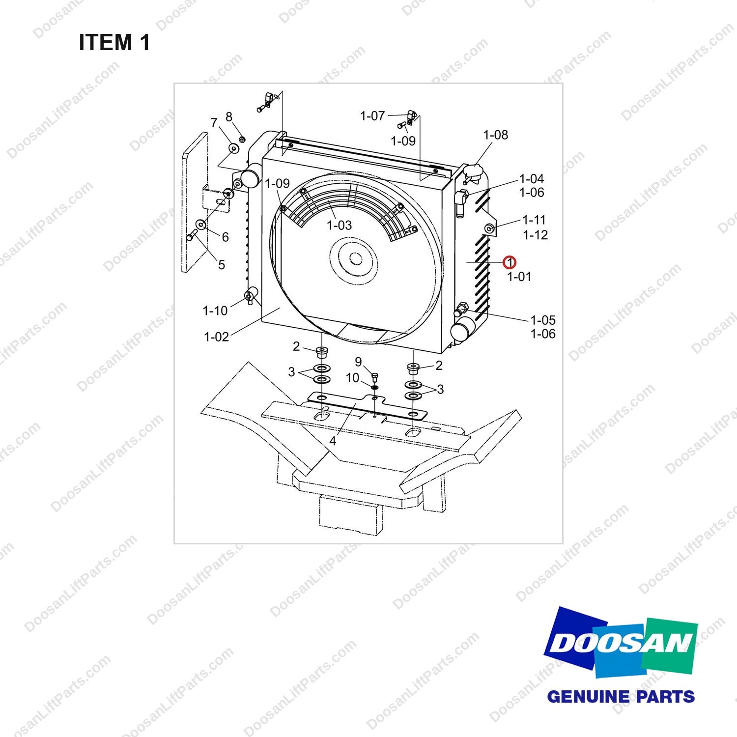 A383514 Radiator Gp - full parts diagram, item 1 marked - genuine Doosan / Bobcat forklift part