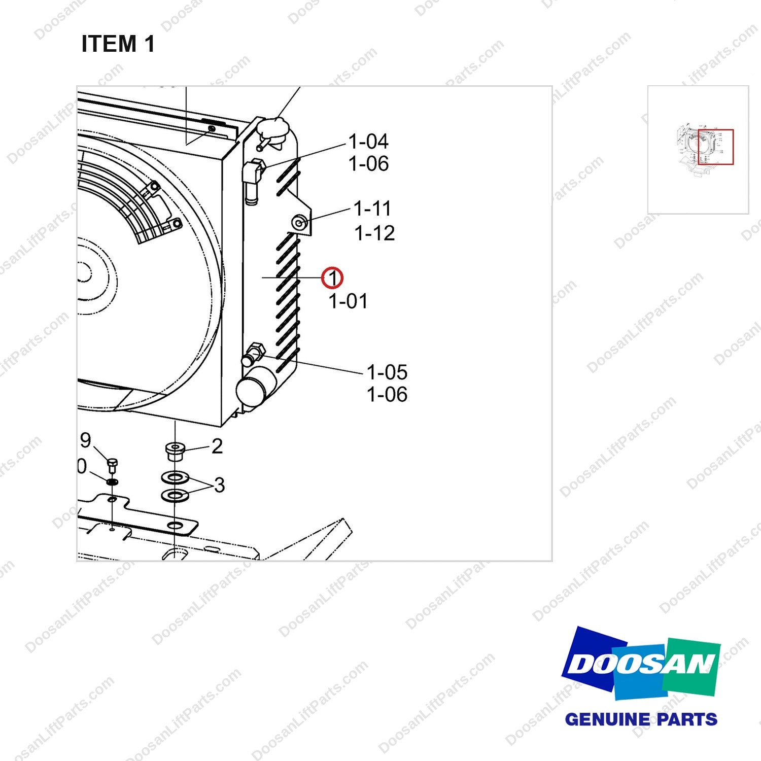 A383514 Radiator Gp - parts diagram, item 1 shown - genuine Doosan / Bobcat forklift part