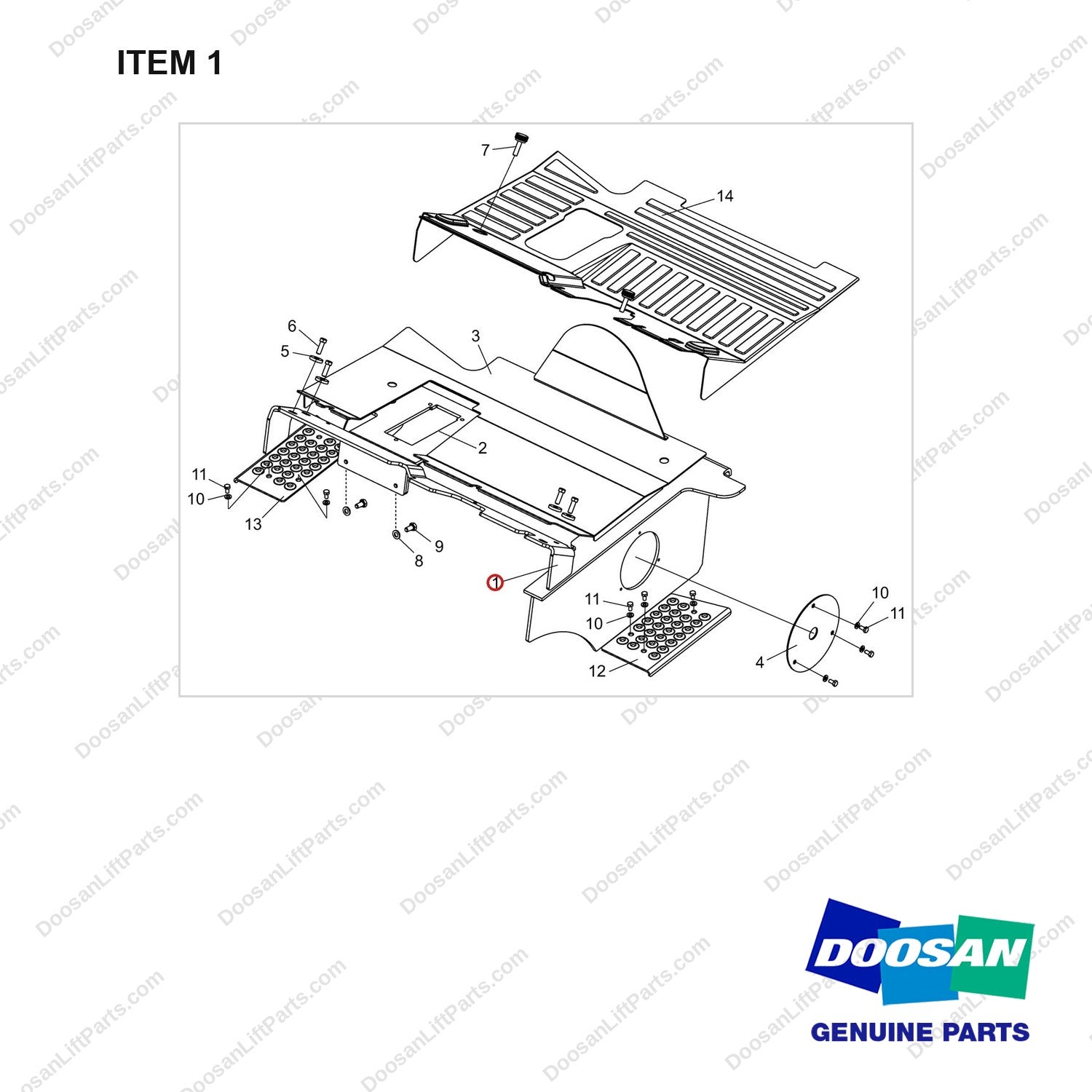 A391161 Floor Plate Gp - full parts diagram, item 1 marked - genuine Doosan / Bobcat forklift part