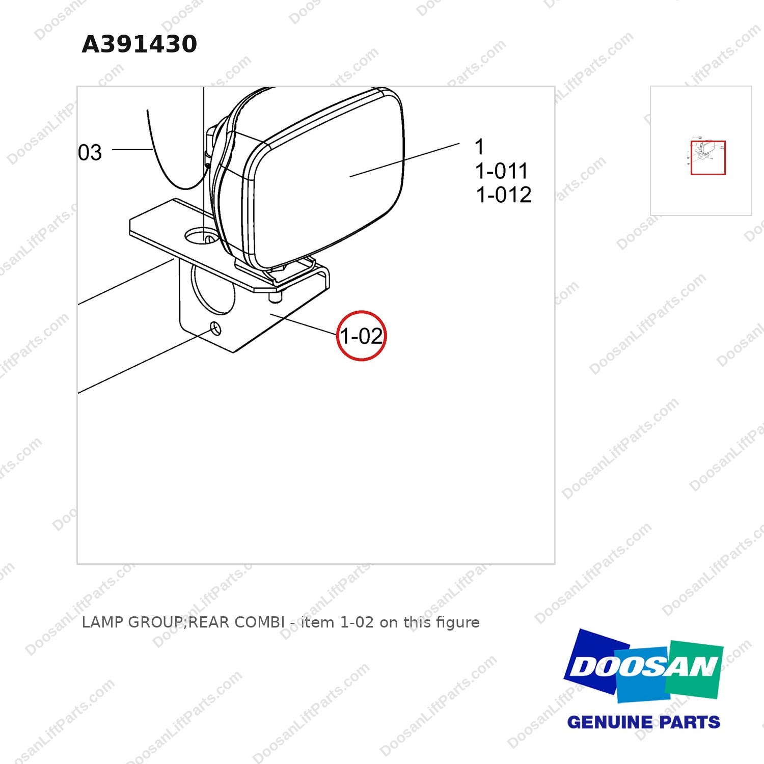 A391430 LAMP GROUP;REAR COMBI - parts diagram, item 1-02 shown - genuine Doosan / Bobcat forklift part