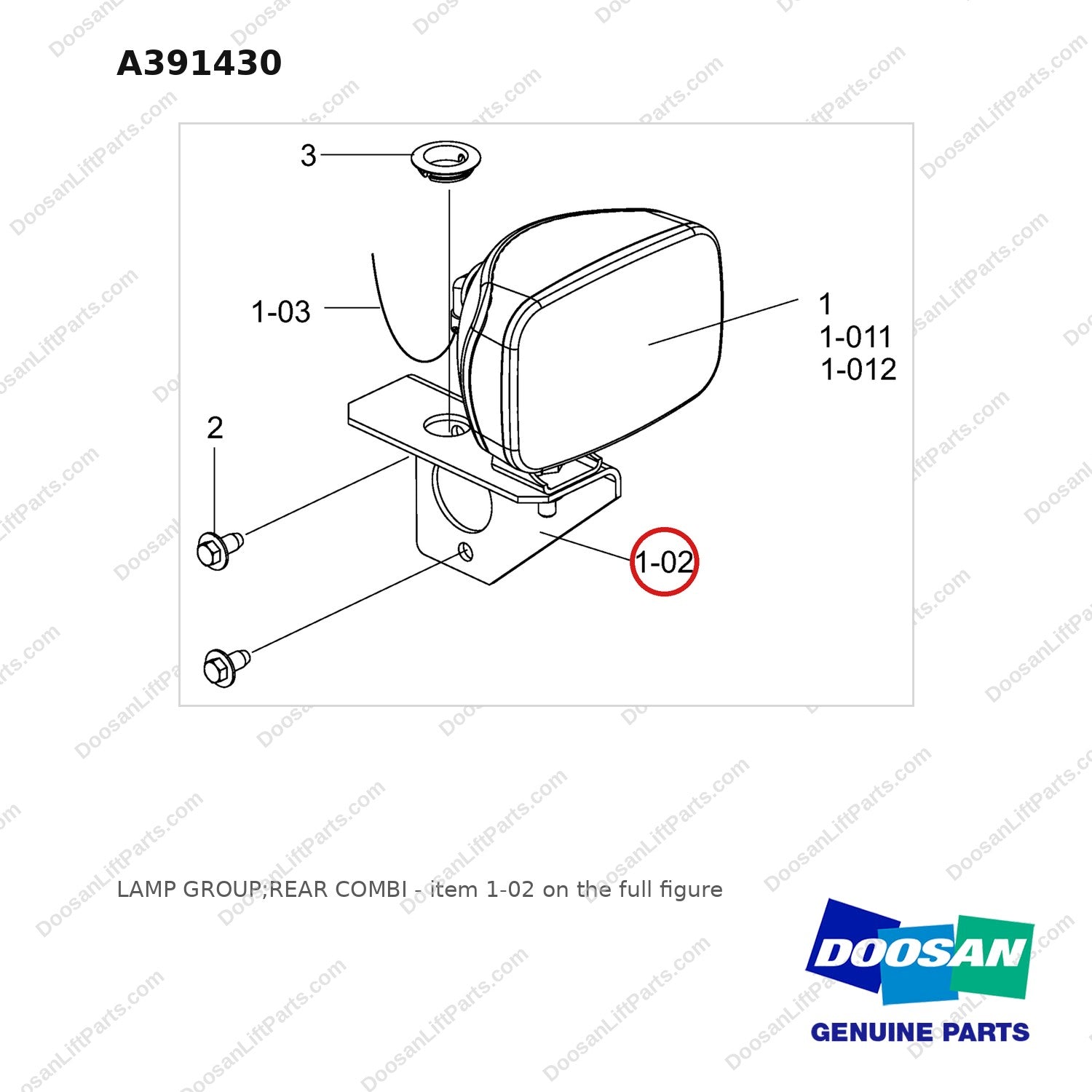 A391430 LAMP GROUP;REAR COMBI - full parts diagram, item 1-02 marked - genuine Doosan / Bobcat forklift part