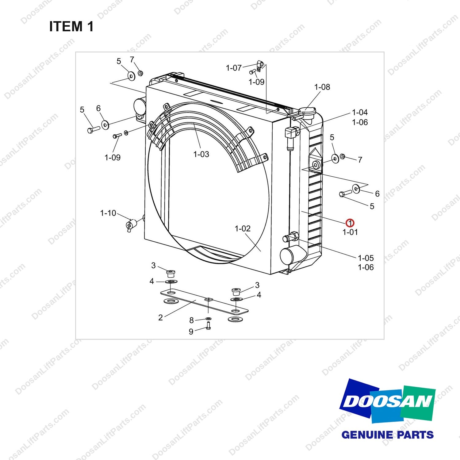 A393501 Radiator Gp - full parts diagram, item 1 marked - genuine Doosan / Bobcat forklift part