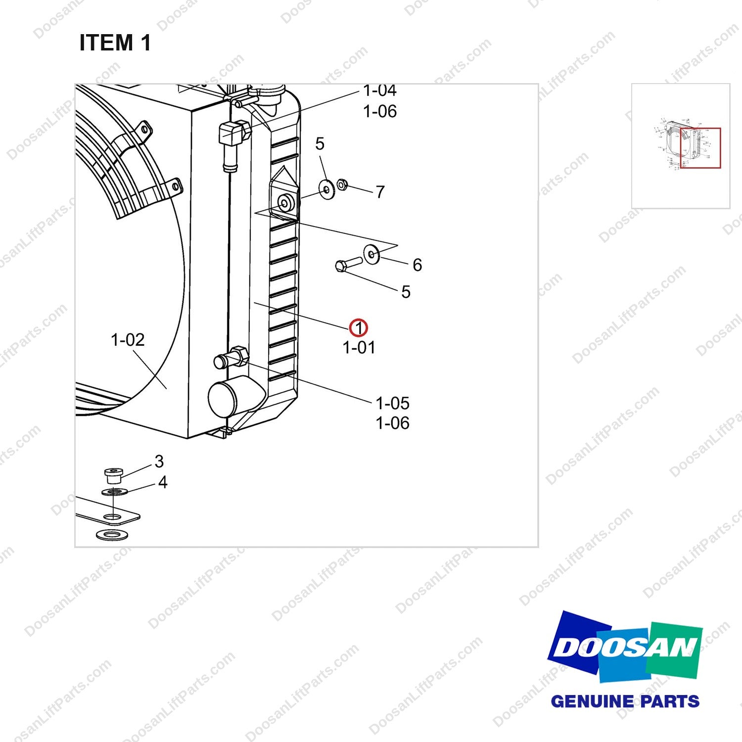 A393501 Radiator Gp - parts diagram, item 1 shown - genuine Doosan / Bobcat forklift part