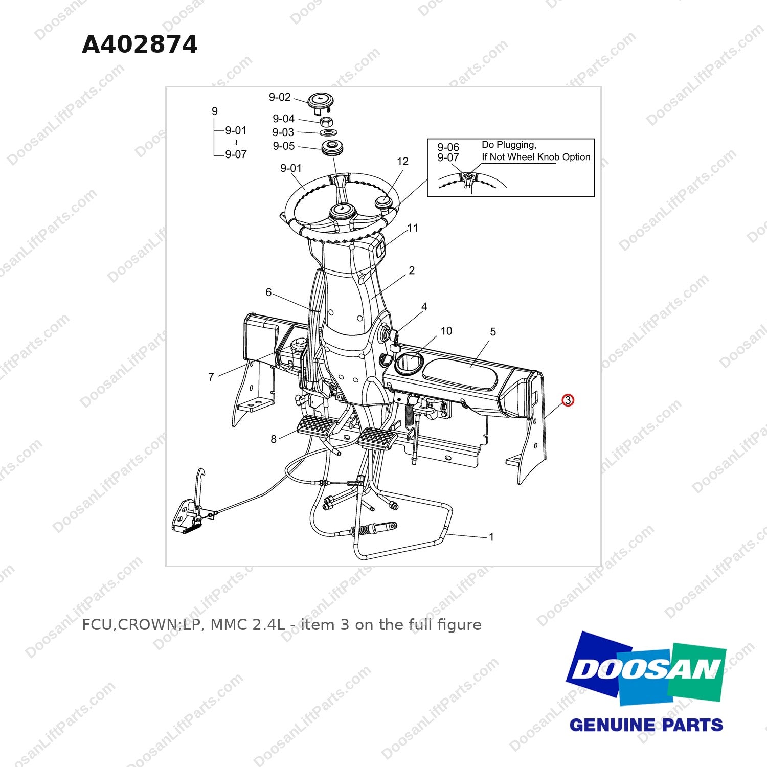A402874 FCU,CROWN;LP, MMC 2.4L - full parts diagram, item 3 marked - genuine Doosan / Bobcat forklift part
