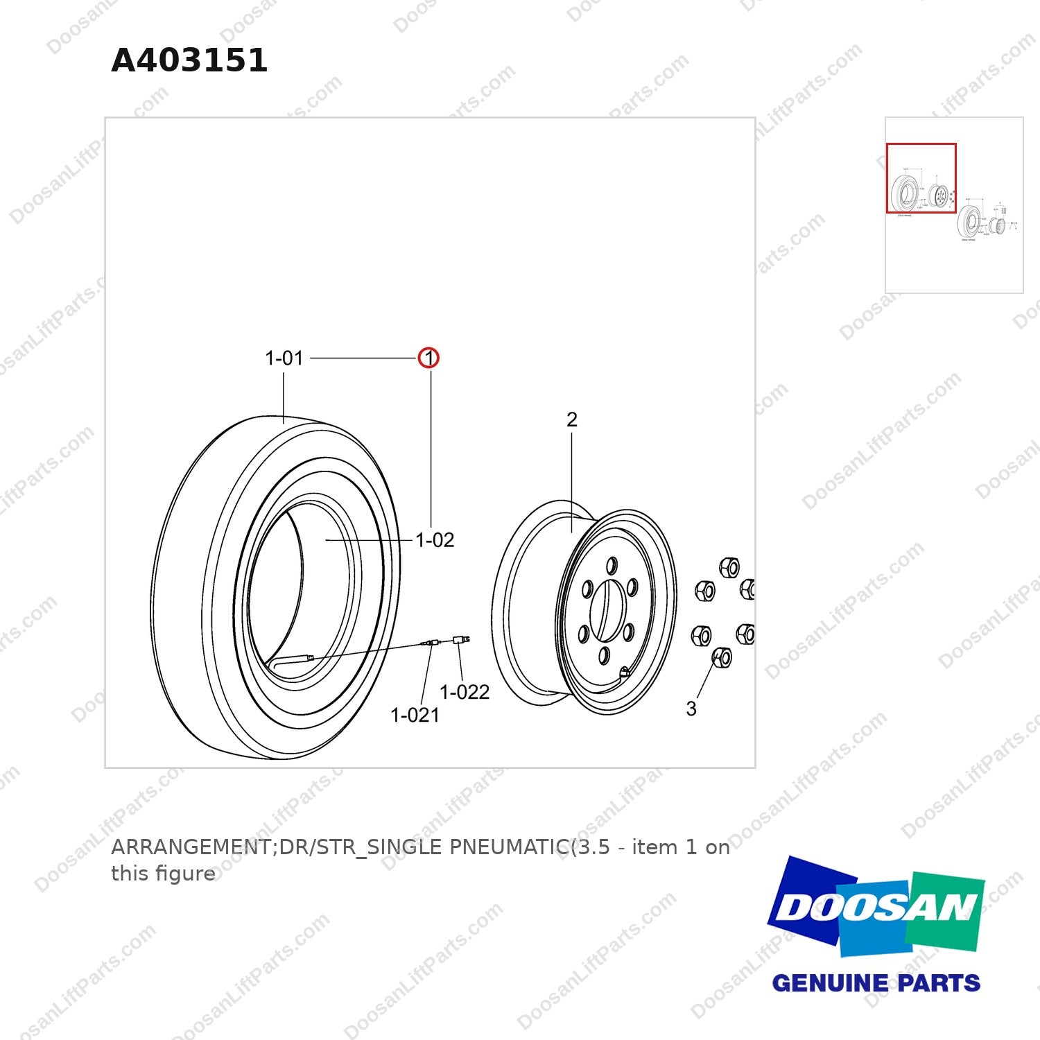 A403151 ARRANGEMENT;DR/STR_SINGLE PNEUMATIC(3.5 - parts diagram, item 1 shown - genuine Doosan / Bobcat forklift part
