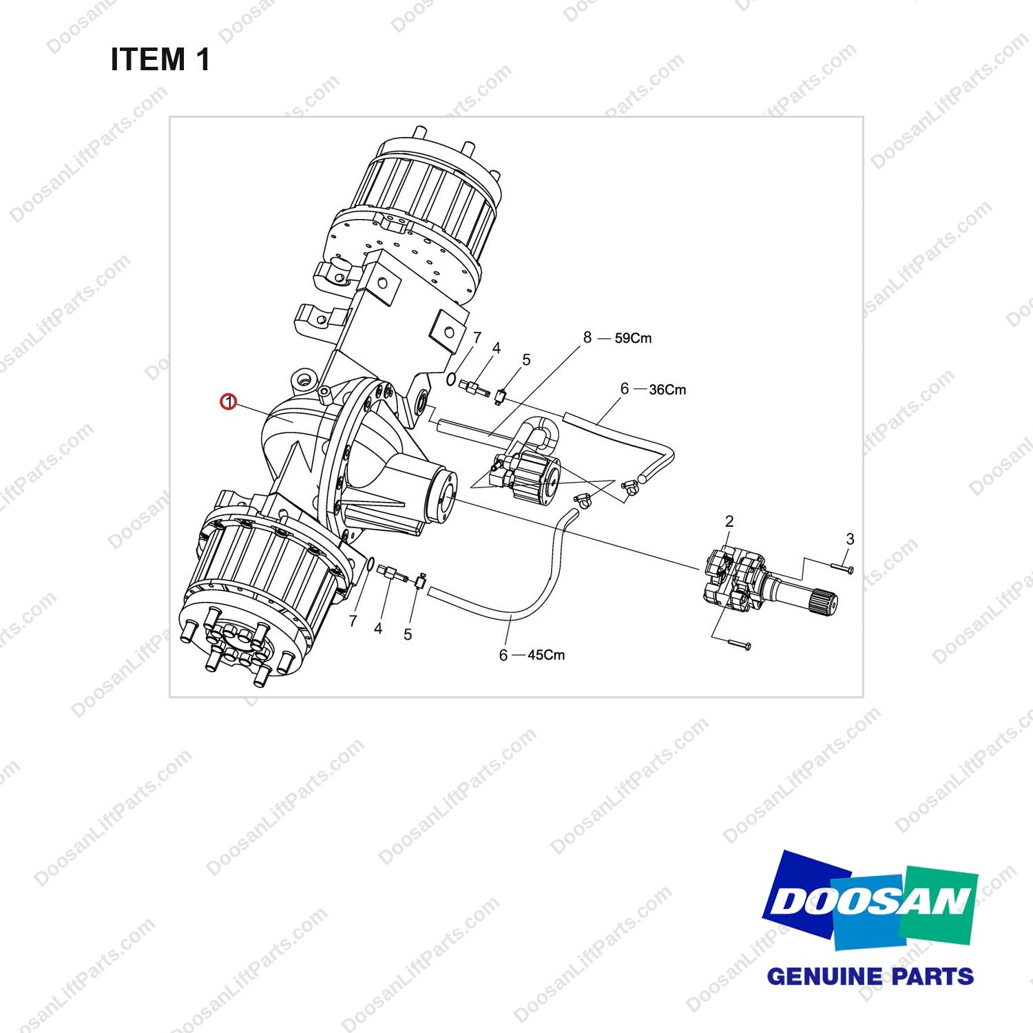 A403159 Drive Axle Gp - full parts diagram, item 1 marked - genuine Doosan / Bobcat forklift part