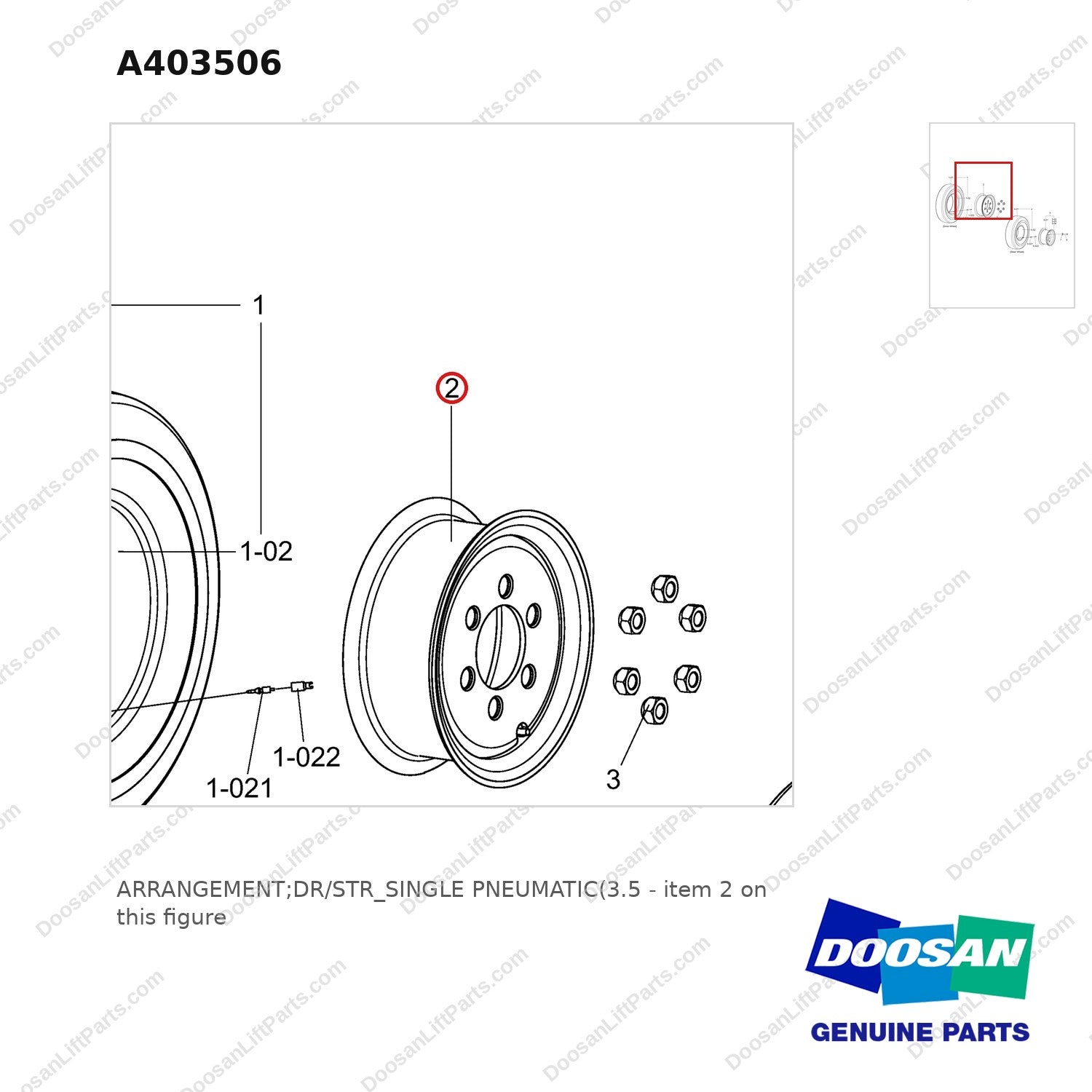 A403506 ARRANGEMENT;DR/STR_SINGLE PNEUMATIC(3.5 - parts diagram, item 2 shown - genuine Doosan / Bobcat forklift part