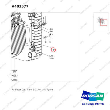 A403577 Radiator Gp - parts diagram, item 1-01 shown - genuine Doosan / Bobcat forklift part