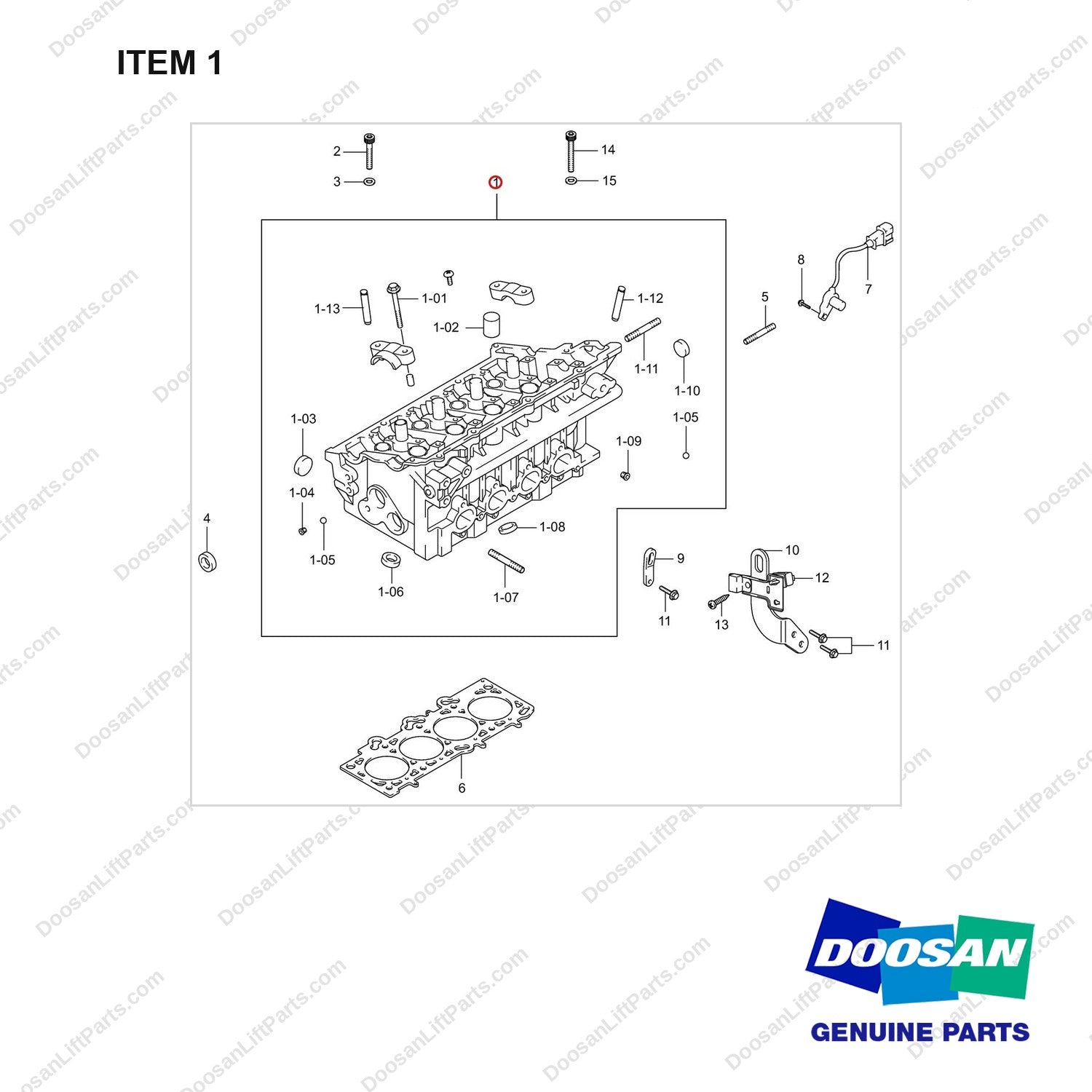 A403745 Cylinder Head Gp - full parts diagram, item 1 marked - genuine Doosan / Bobcat forklift part
