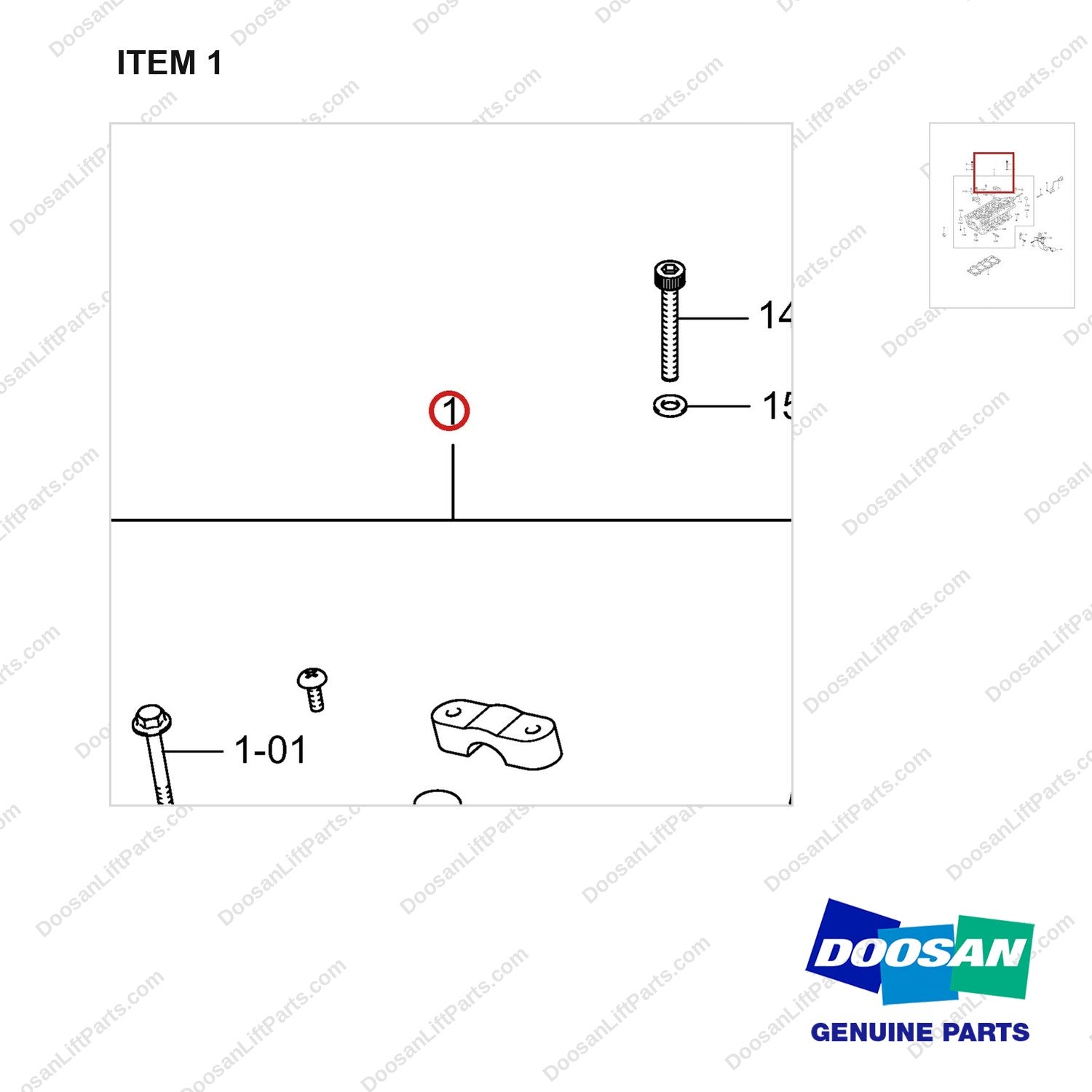 A403745 Cylinder Head Gp - parts diagram, item 1 shown - genuine Doosan / Bobcat forklift part