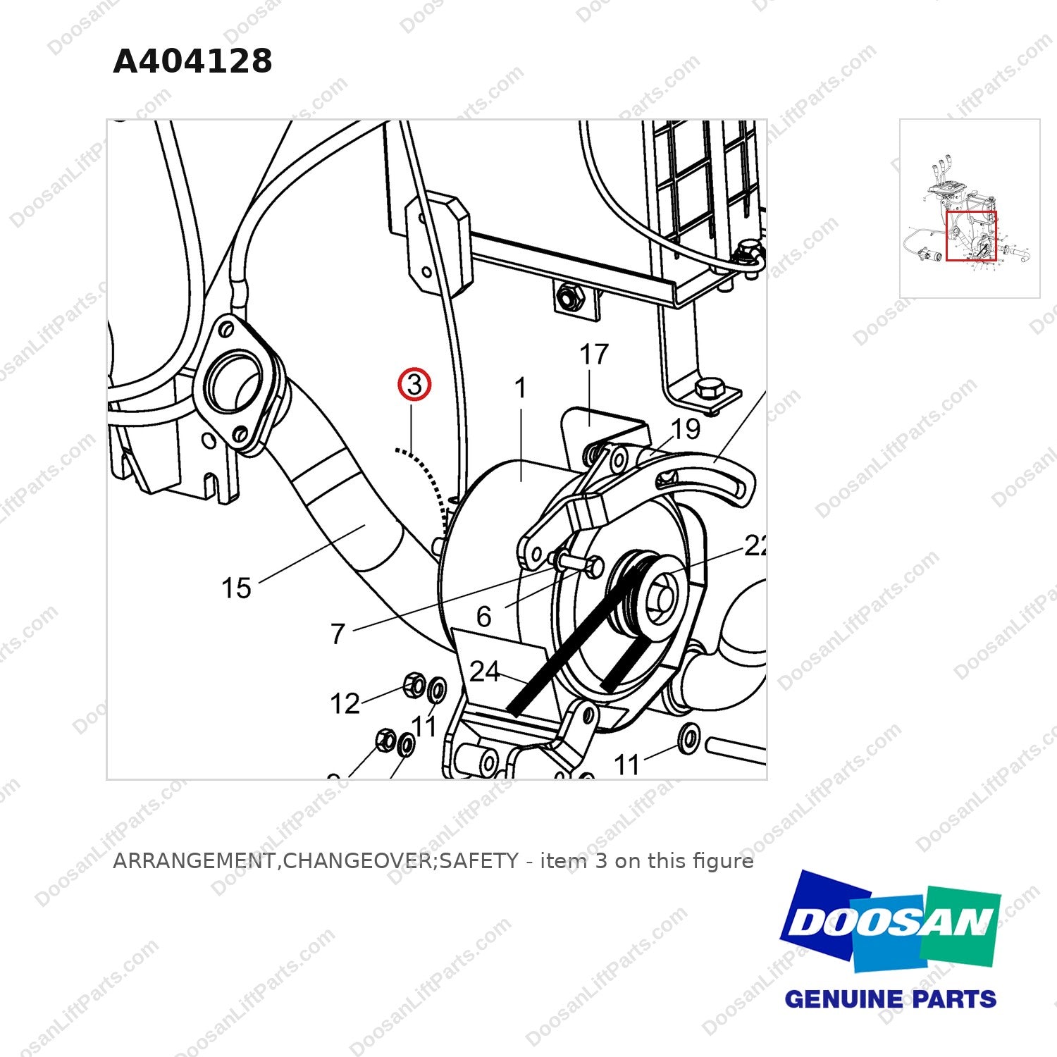A404128 ARRANGEMENT,CHANGEOVER;SAFETY - parts diagram, item 3 shown - genuine Doosan / Bobcat forklift part