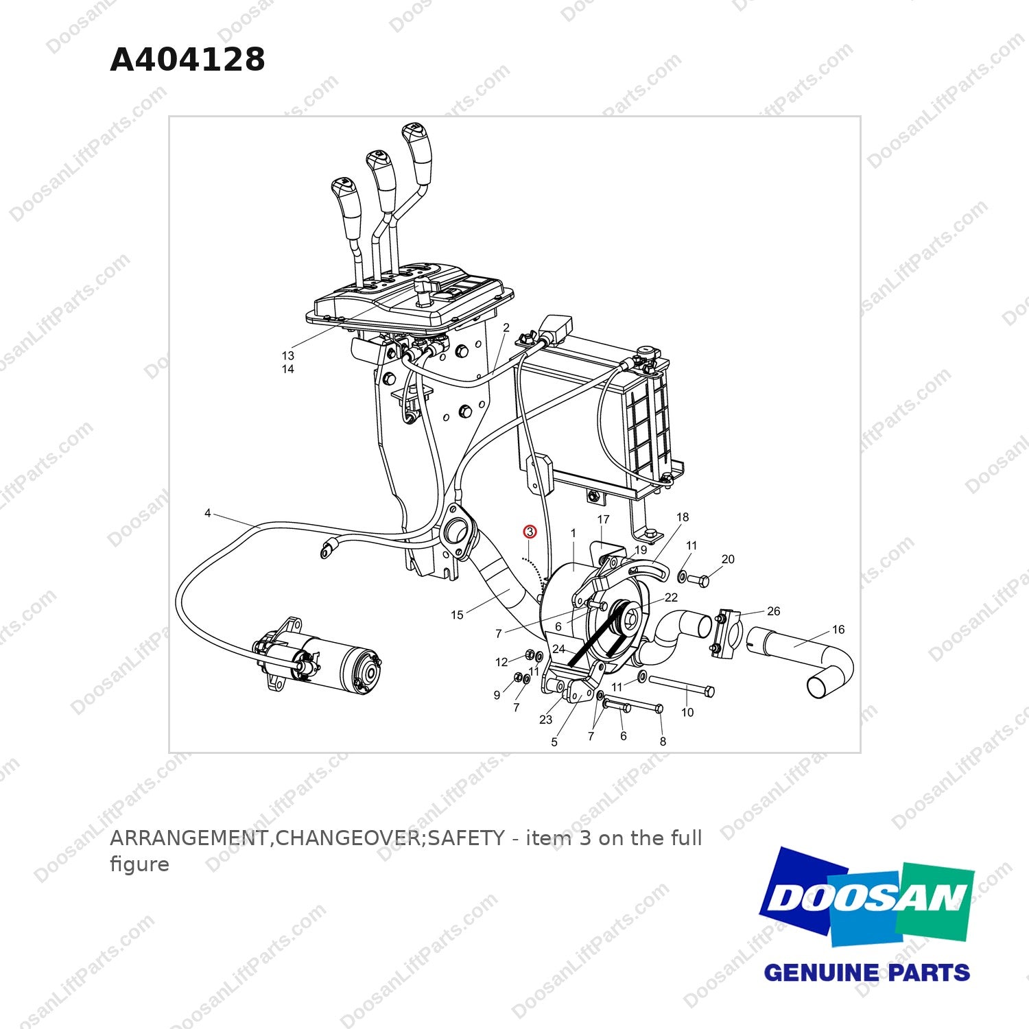 A404128 ARRANGEMENT,CHANGEOVER;SAFETY - full parts diagram, item 3 marked - genuine Doosan / Bobcat forklift part