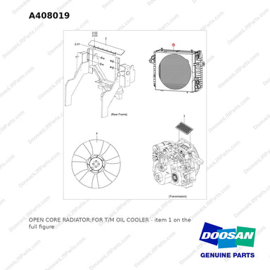A408019 OPEN CORE RADIATOR;FOR T/M OIL COOLER - full parts diagram, item 1 marked - genuine Doosan / Bobcat forklift part