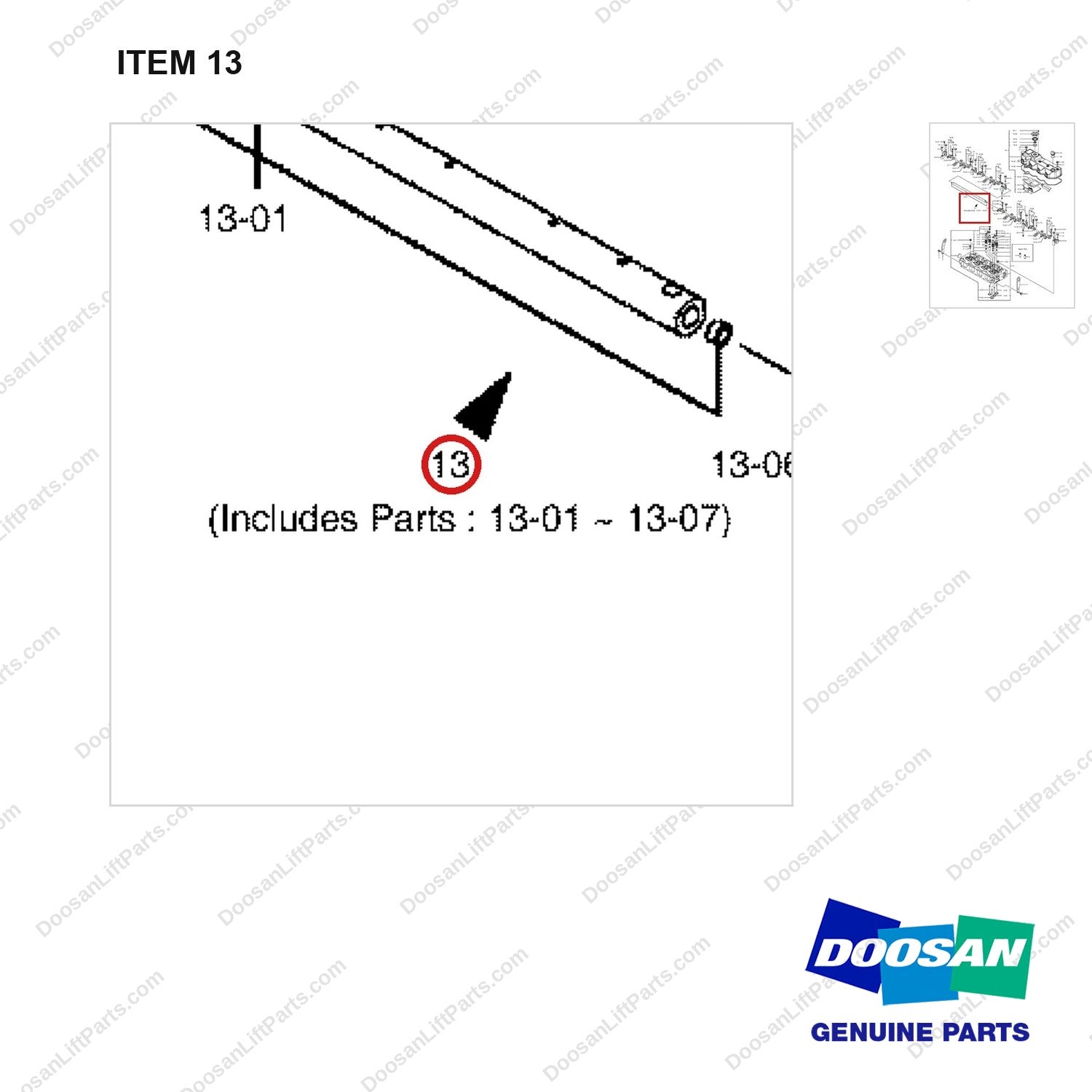 A408087 Cylinder Head & Bonnet Gp - parts diagram, item 13 shown - genuine Doosan / Bobcat forklift part