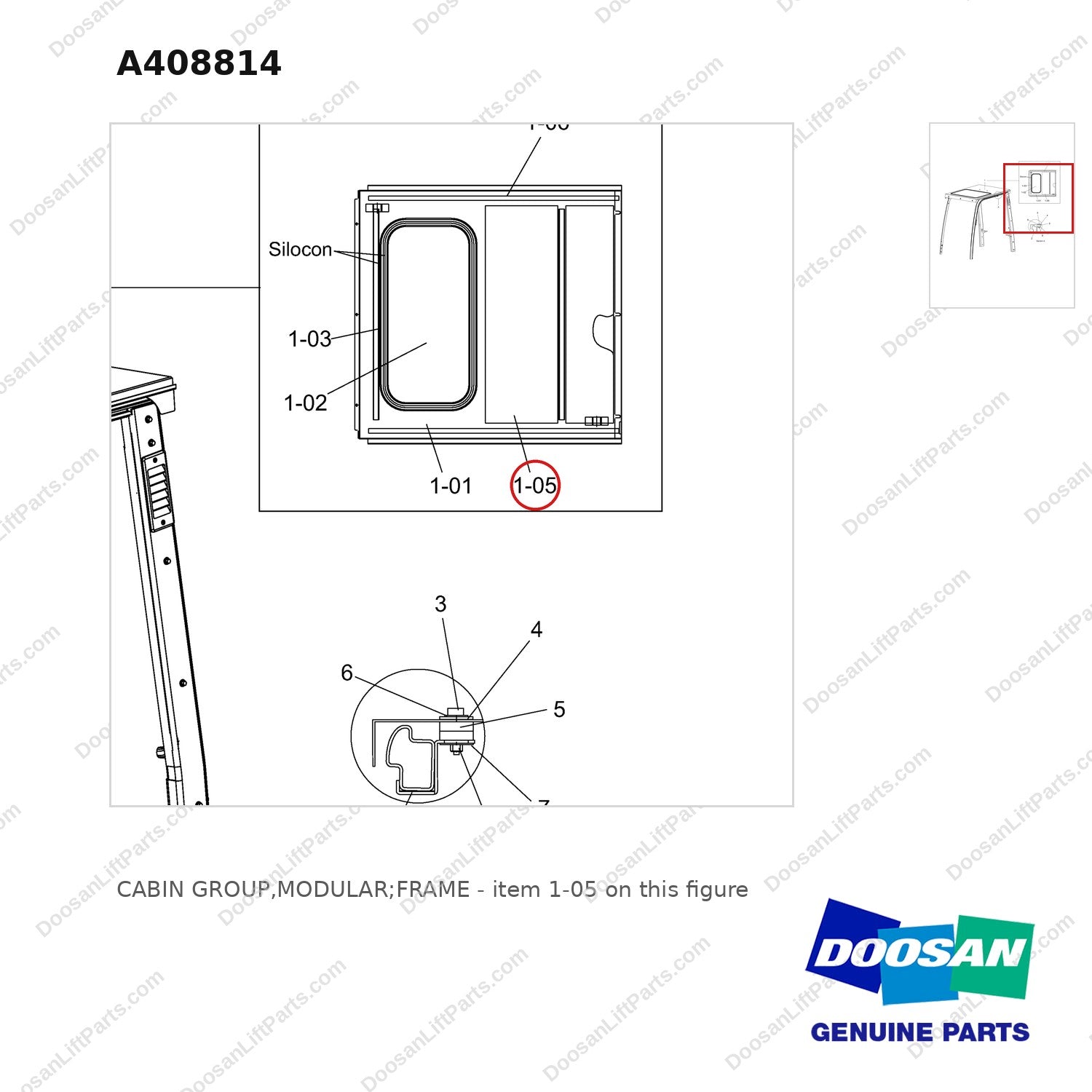 A408814 CABIN GROUP,MODULAR;FRAME - parts diagram, item 1-05 shown - genuine Doosan / Bobcat forklift part