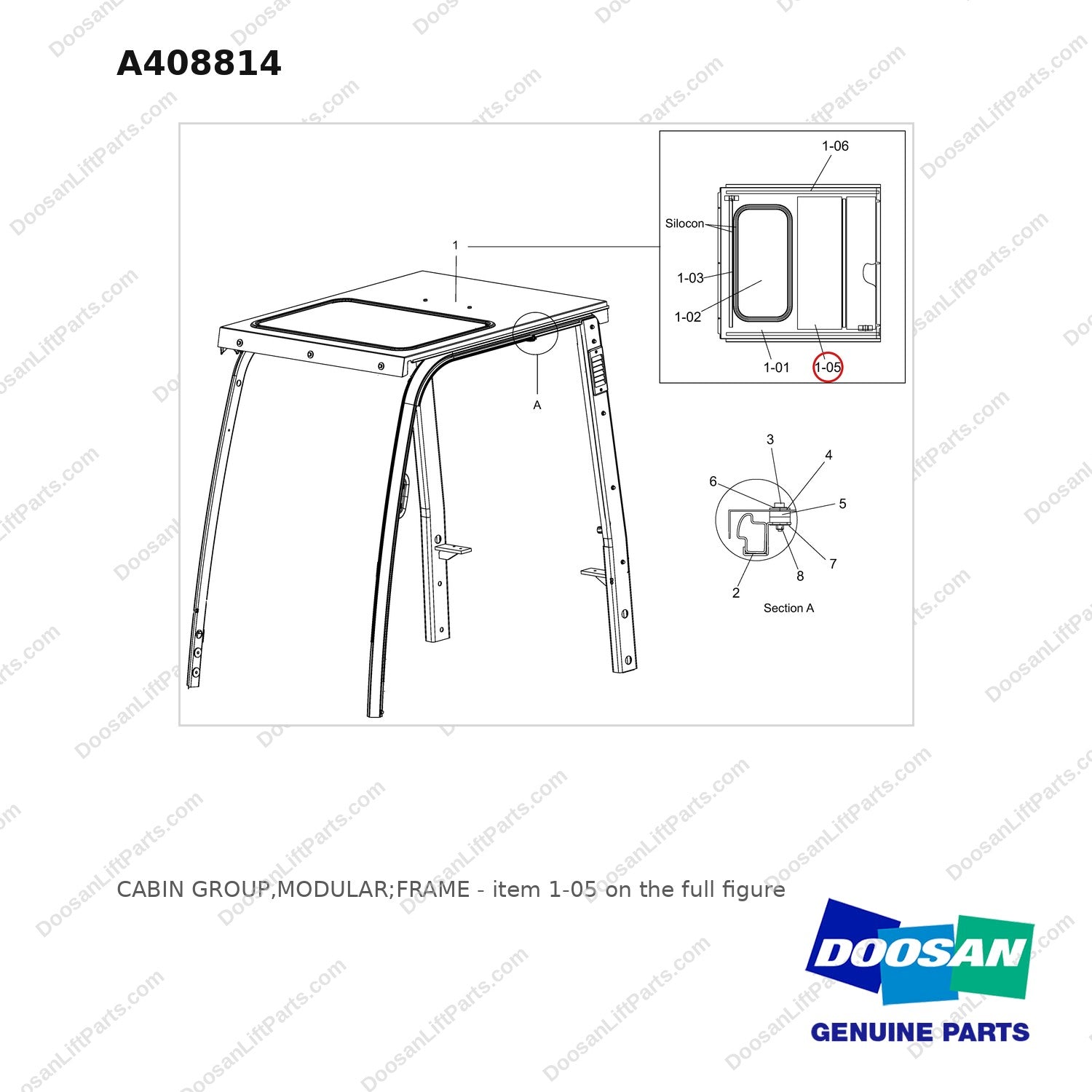 A408814 CABIN GROUP,MODULAR;FRAME - full parts diagram, item 1-05 marked - genuine Doosan / Bobcat forklift part