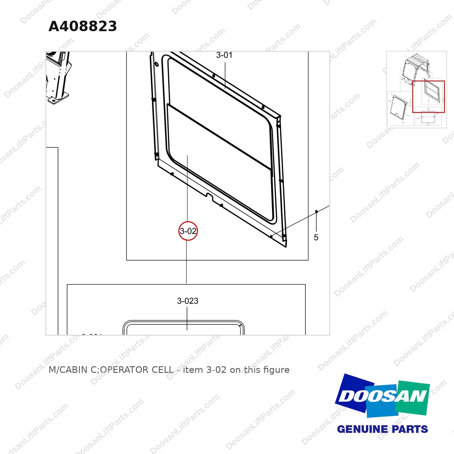 A408823 M/CABIN C;OPERATOR CELL - parts diagram, item 3-02 shown - genuine Doosan / Bobcat forklift part