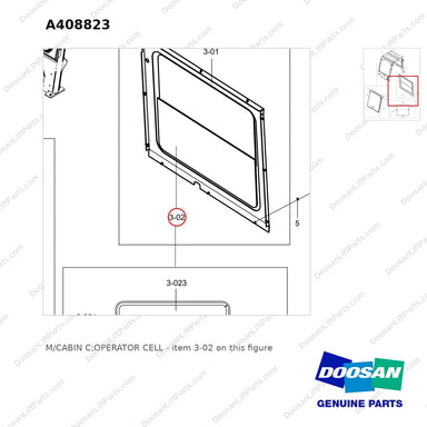 A408823 M/CABIN C;OPERATOR CELL - parts diagram, item 3-02 shown - genuine Doosan / Bobcat forklift part