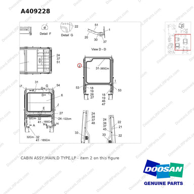 A409228 CABIN ASSY;MAIN,D TYPE,LP - parts diagram, item 2 shown - genuine Doosan / Bobcat forklift part